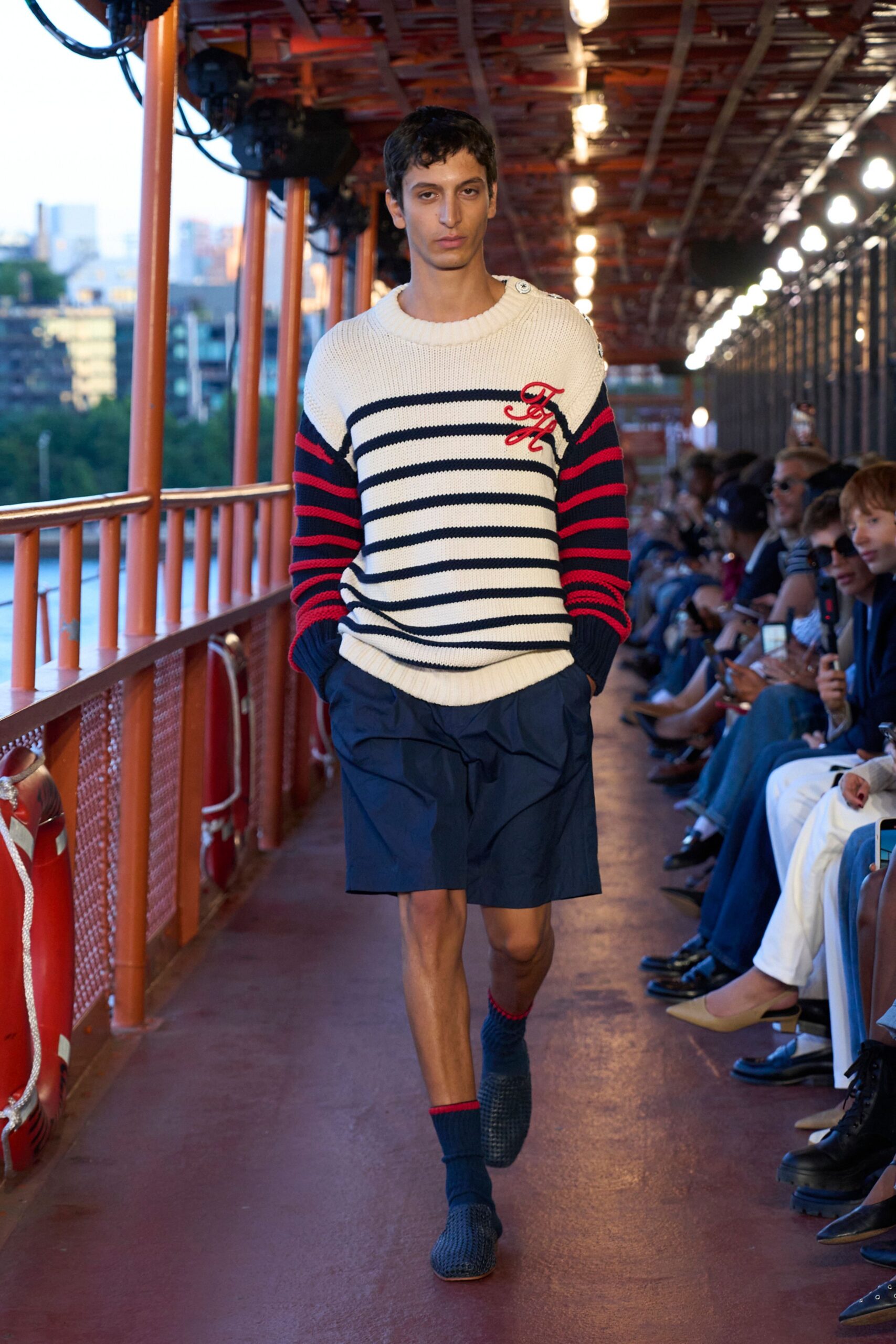 white cotton long-sleeve collared relaxed striped sweater