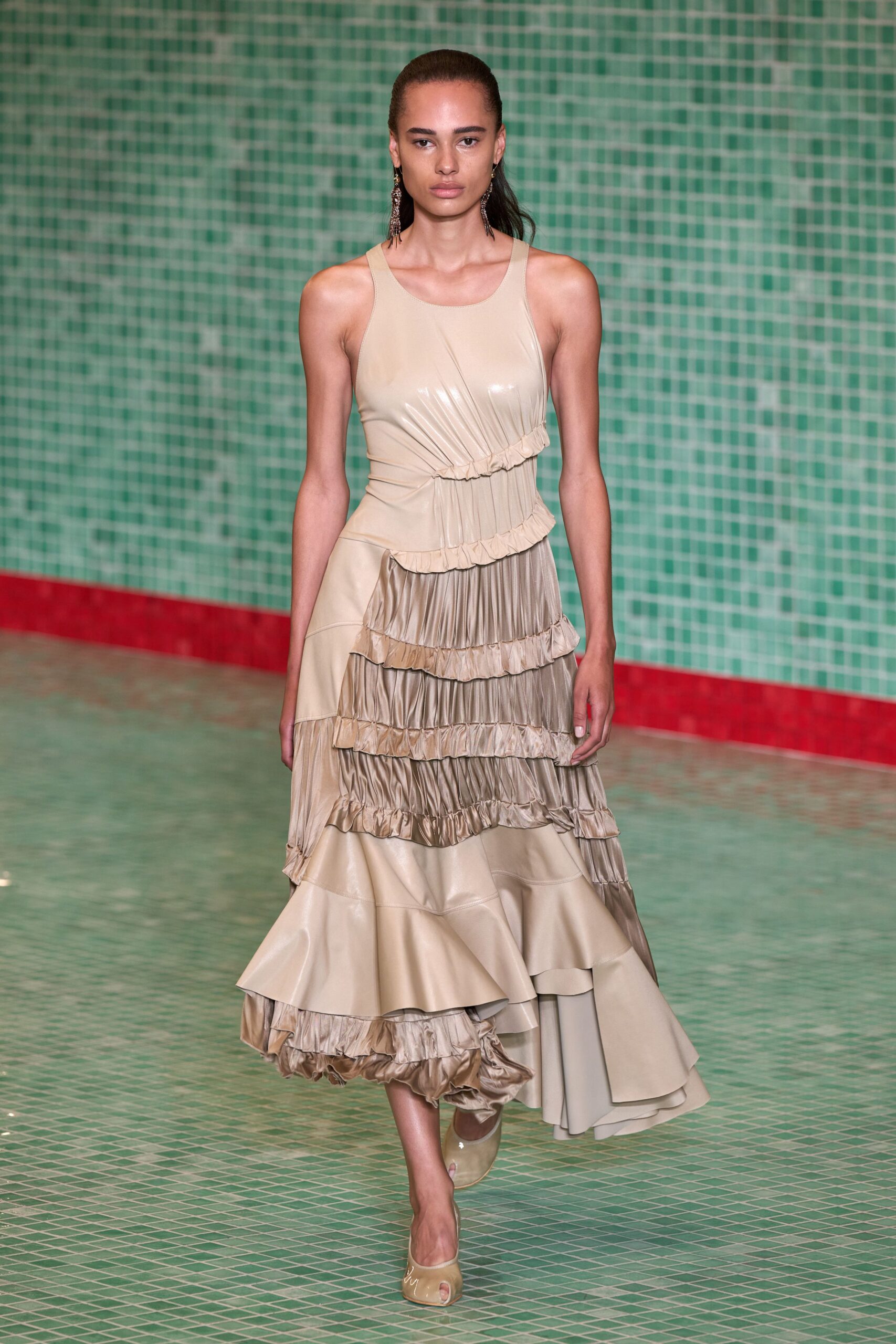 beige silk sleeveless v-neck fitted ruffled tiered dress