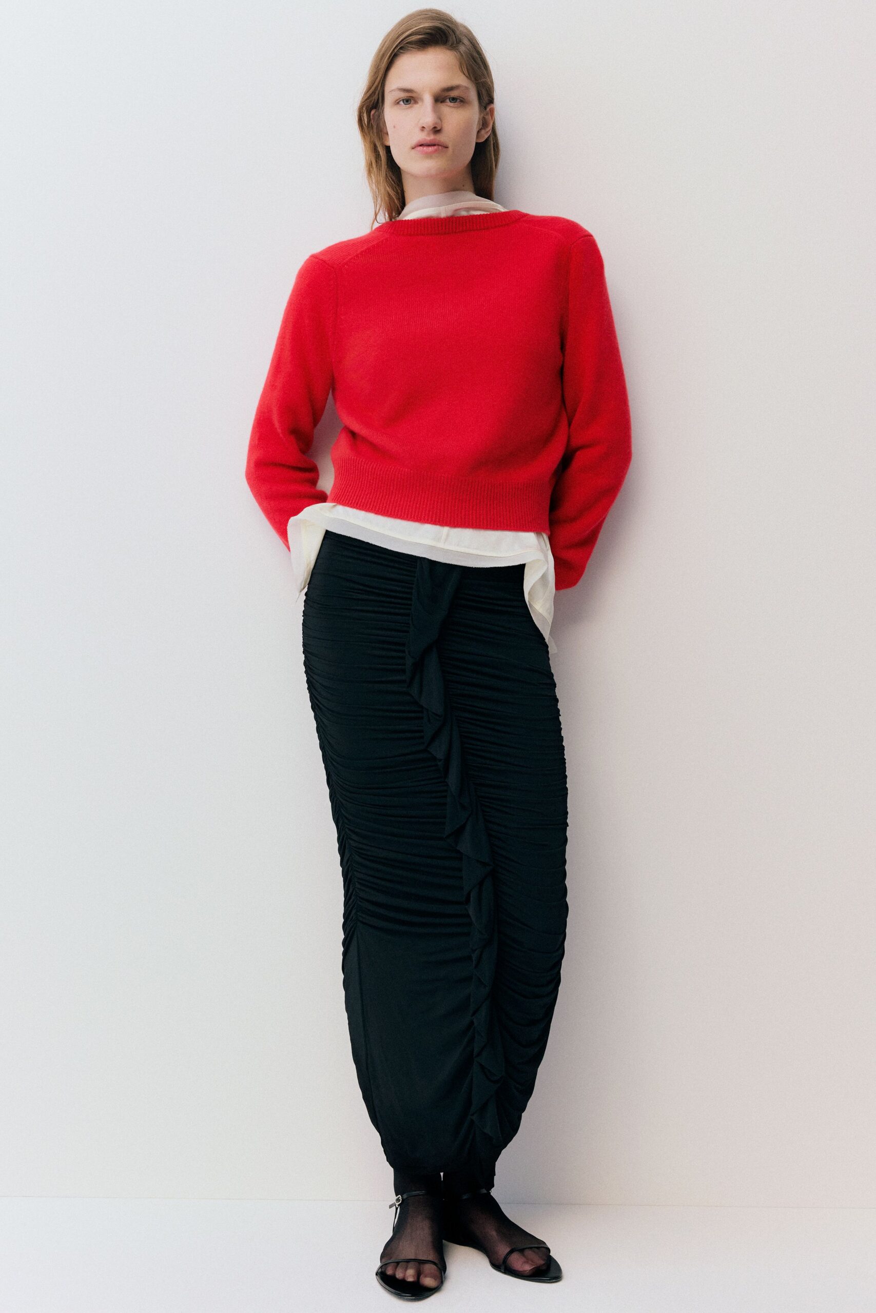red wool long-sleeve collared fitted ribbed sweater
