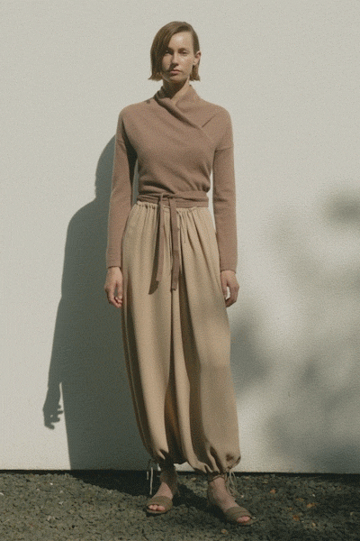 beige wool long-sleeve high-neck fitted top