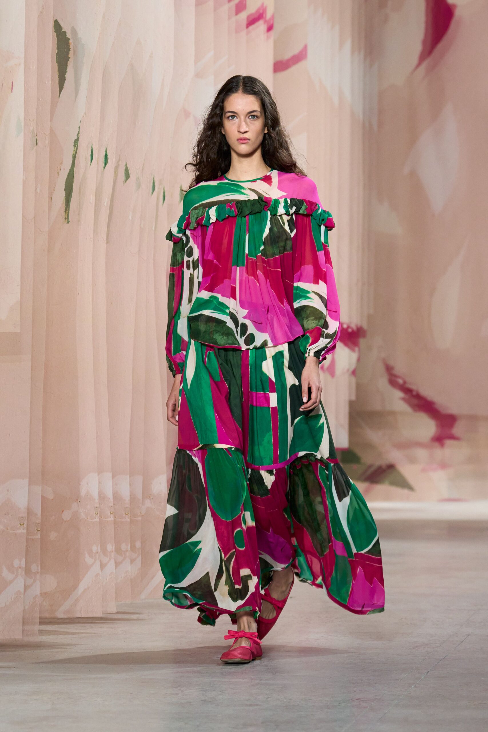 pink long-sleeve off-shoulder relaxed flared ruffled maxi dress