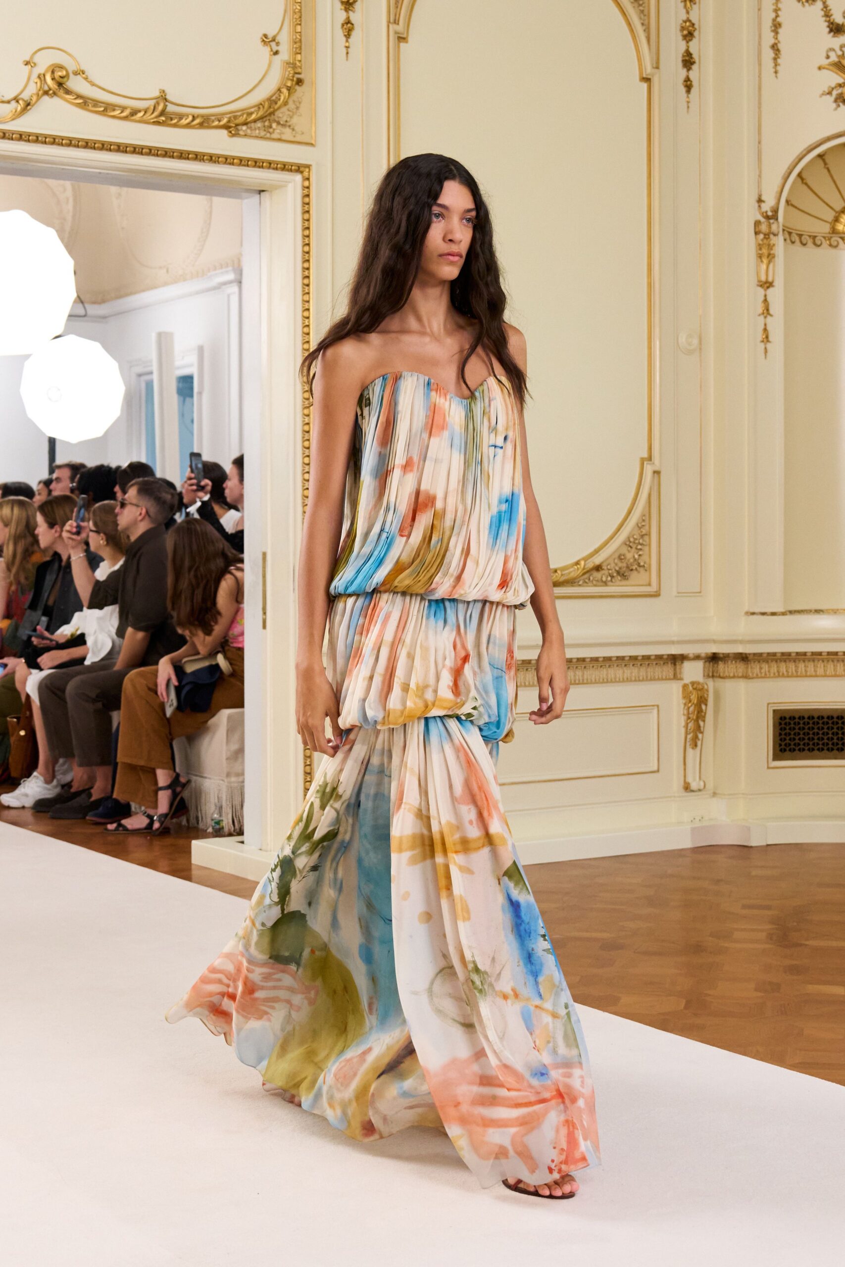 multi-colored silk strapless gown