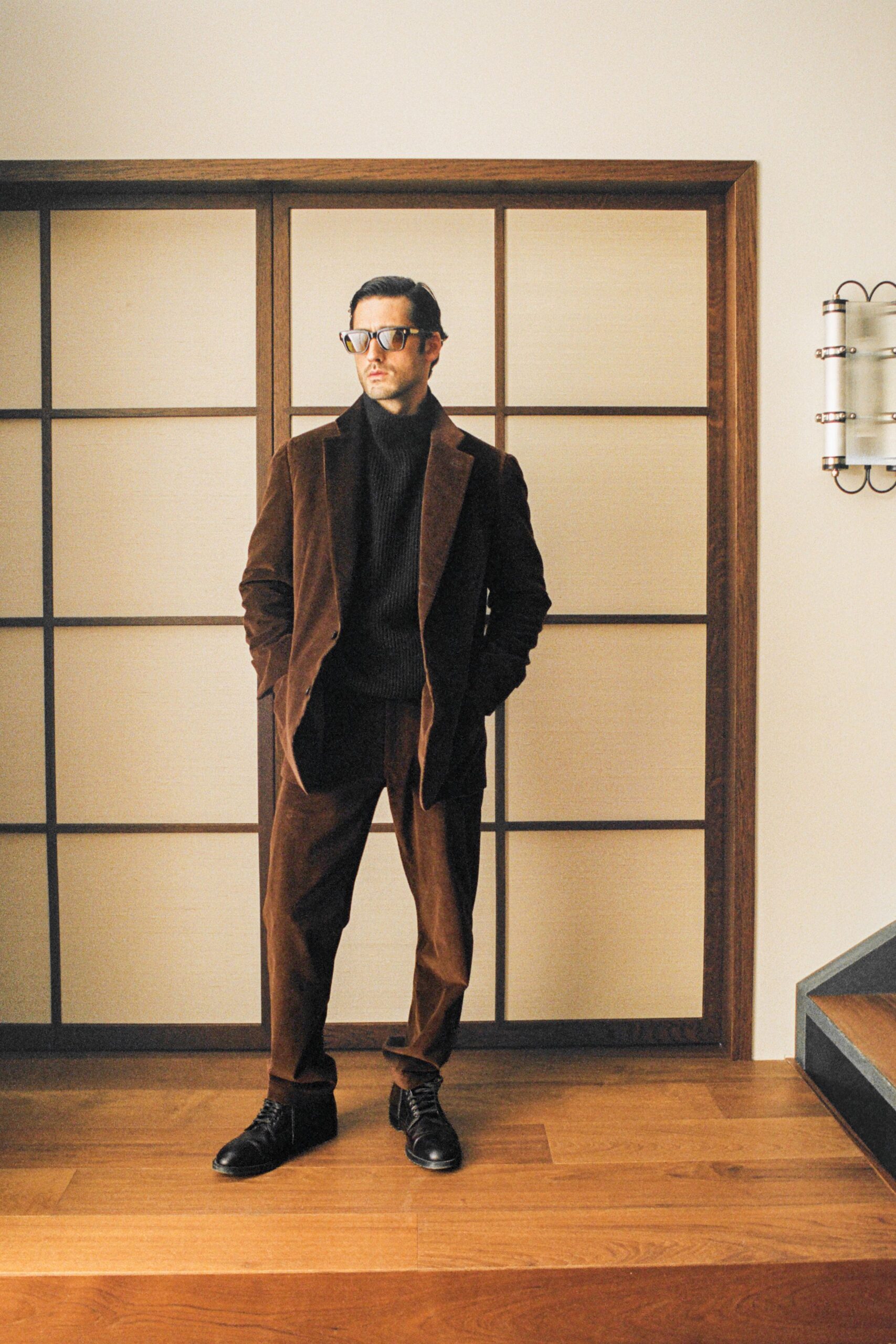 brown velvet tailored suit with black turtleneck