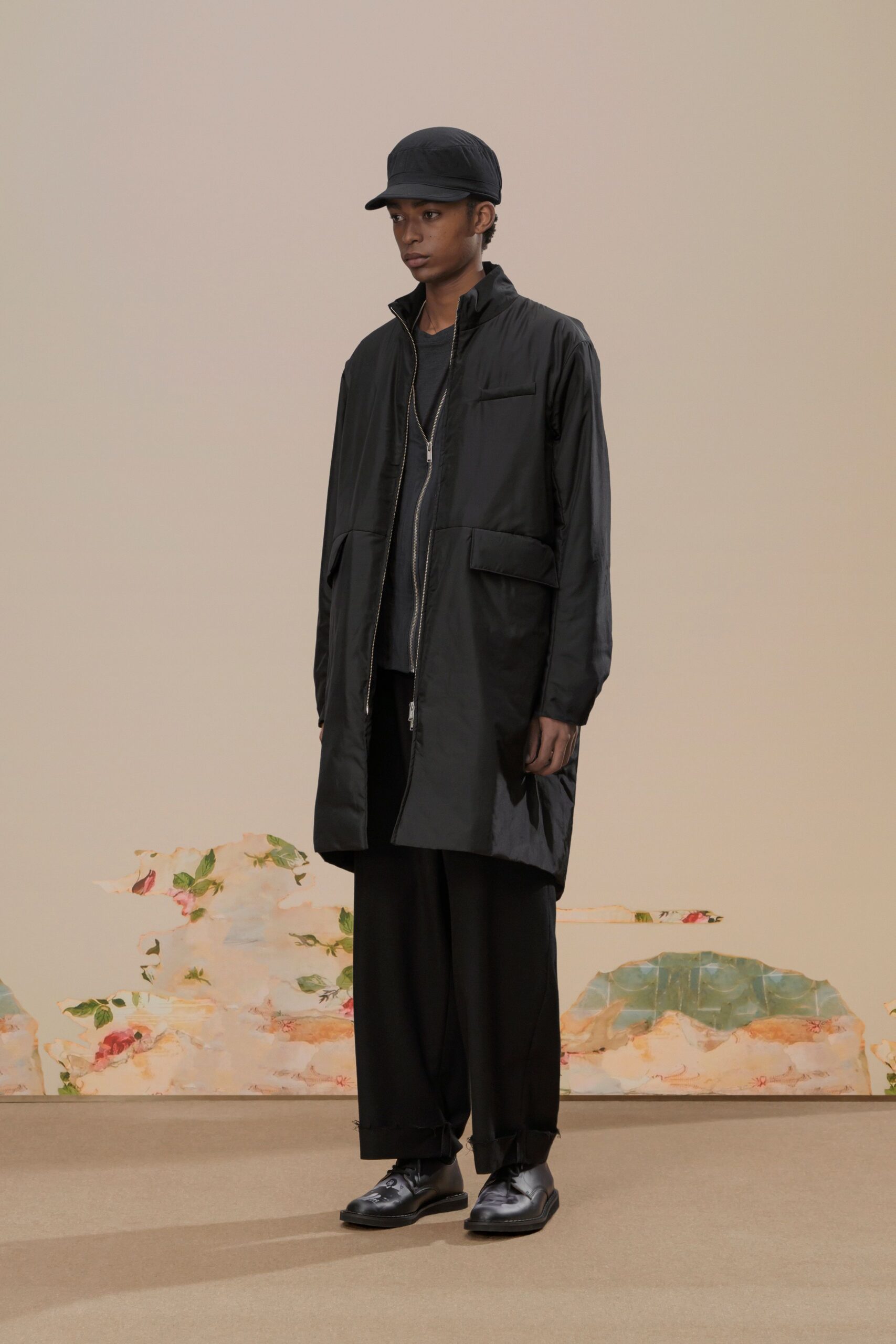 black jersey long-sleeve collared relaxed zippered pockets coat