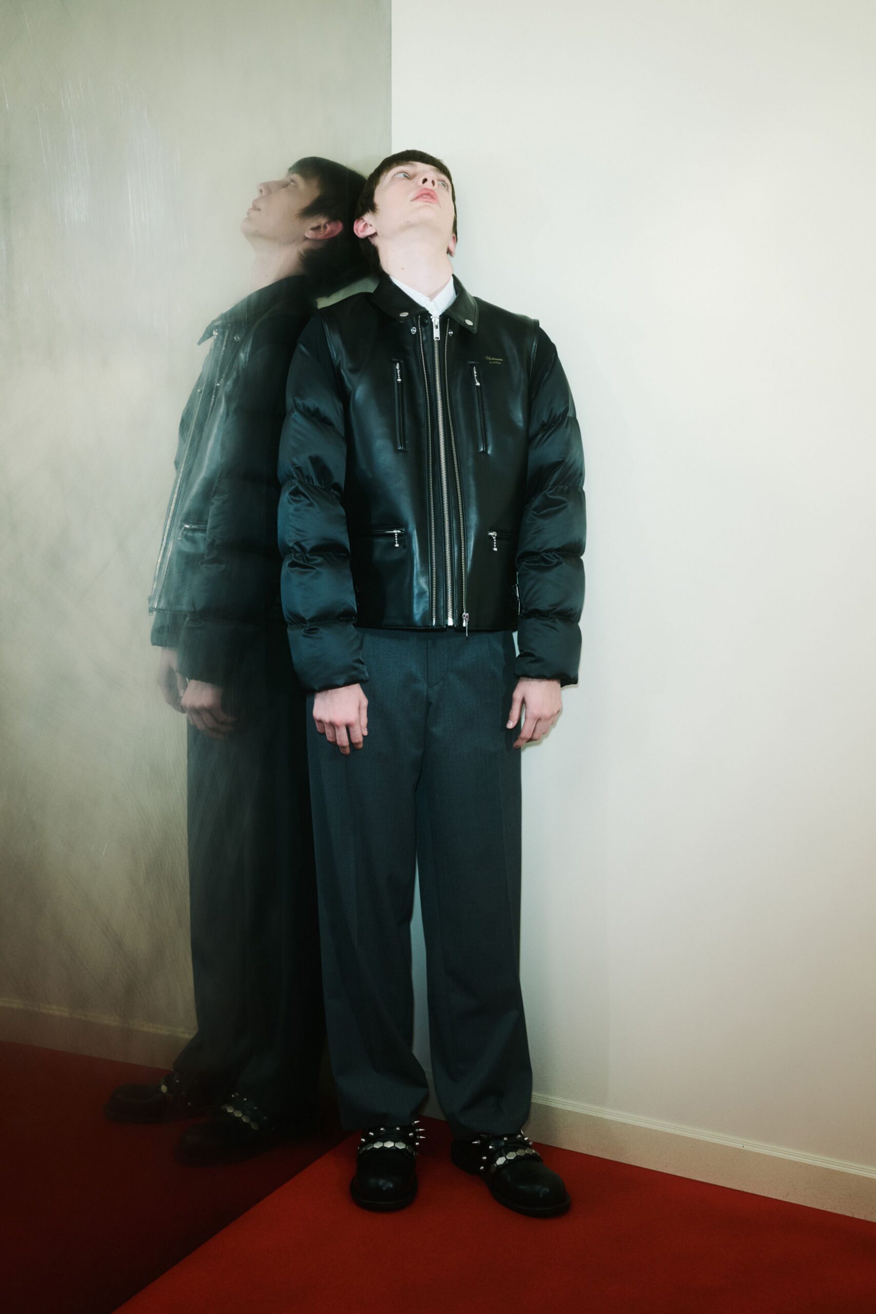 black leather jacket gray pants