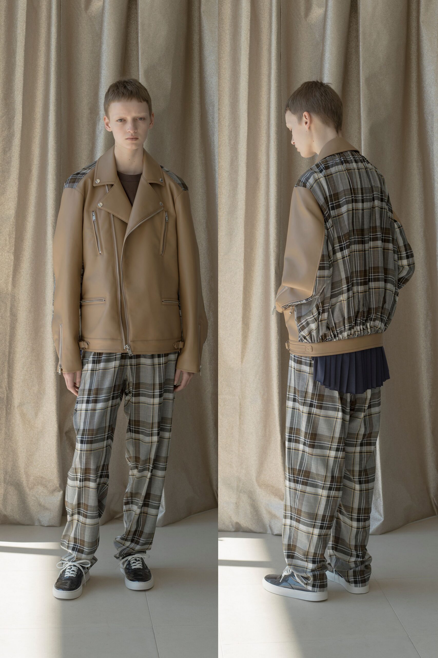 brown leather long-sleeve collared oversized zippered buttoned jacket