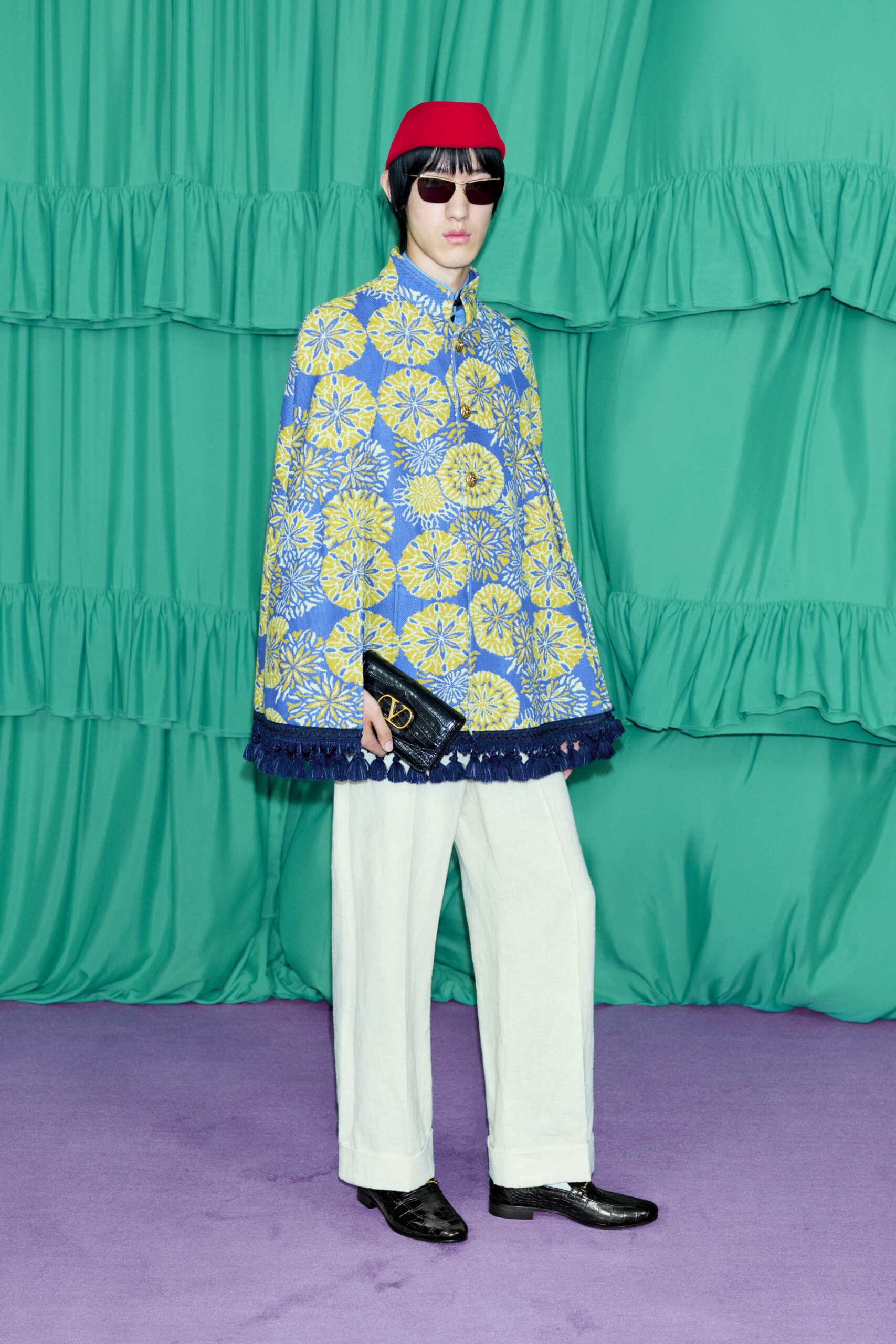blue cotton long-sleeve relaxed floral fringed cape