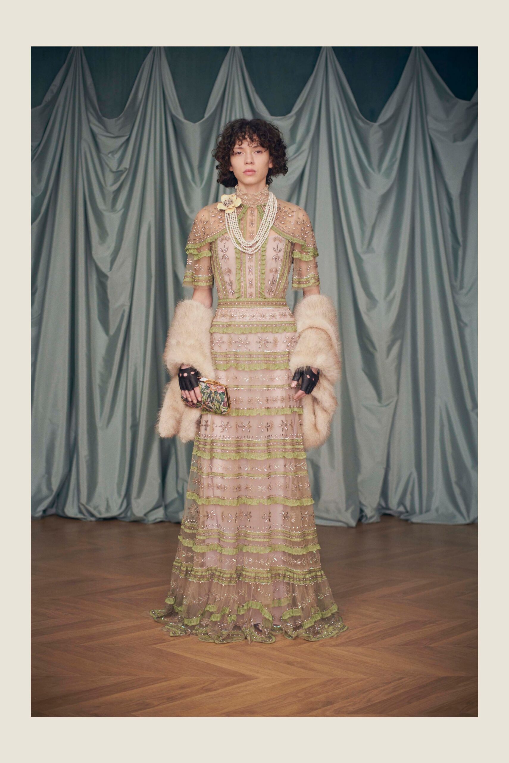 pink green embroidered gown with faux-fur coat