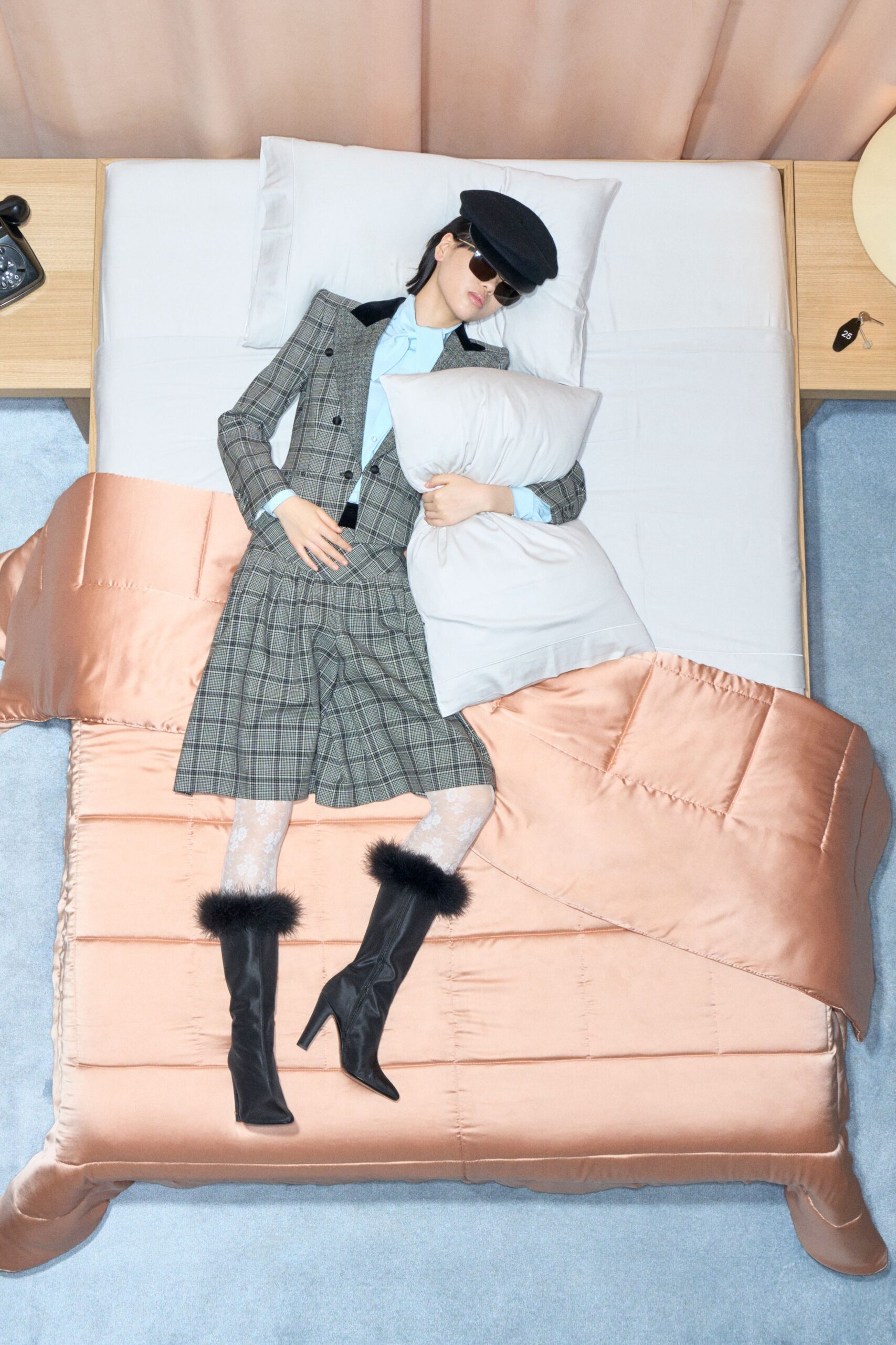 gray wool tailored checked pleated short skirt