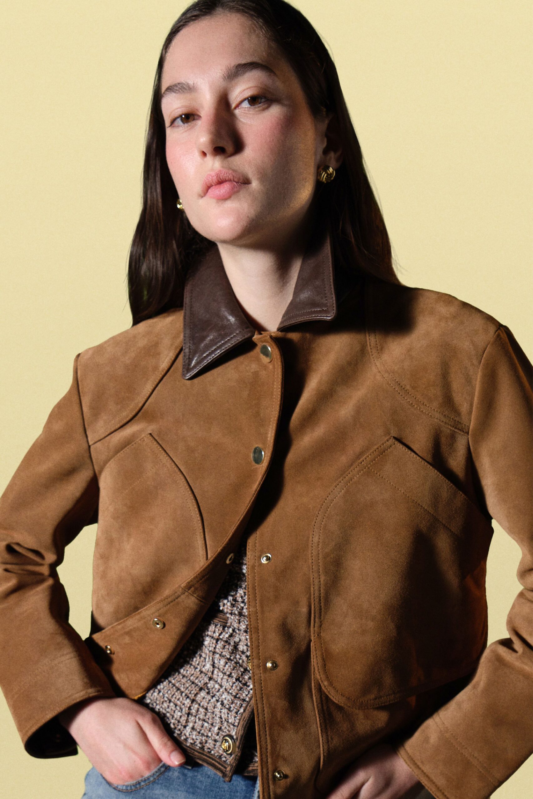 brown suede long-sleeve collared fitted buttoned jacket