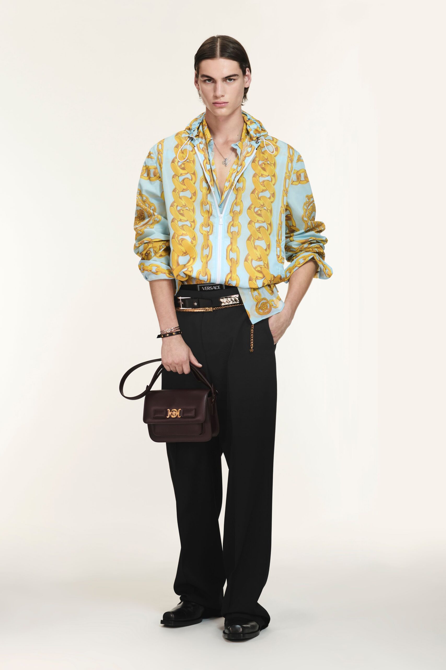 blue printed shirt with black pants