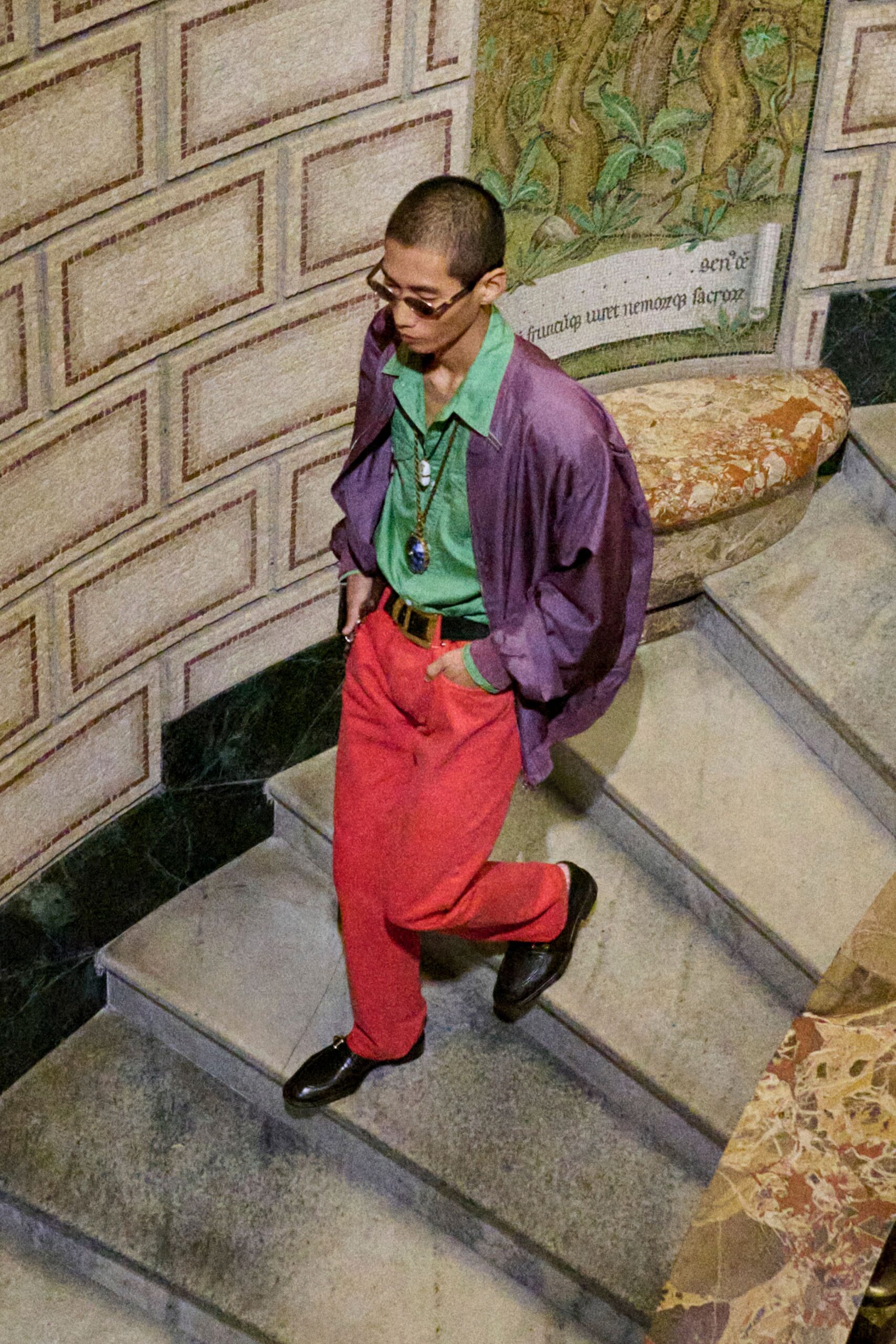 oversized purple jacket with green shirt