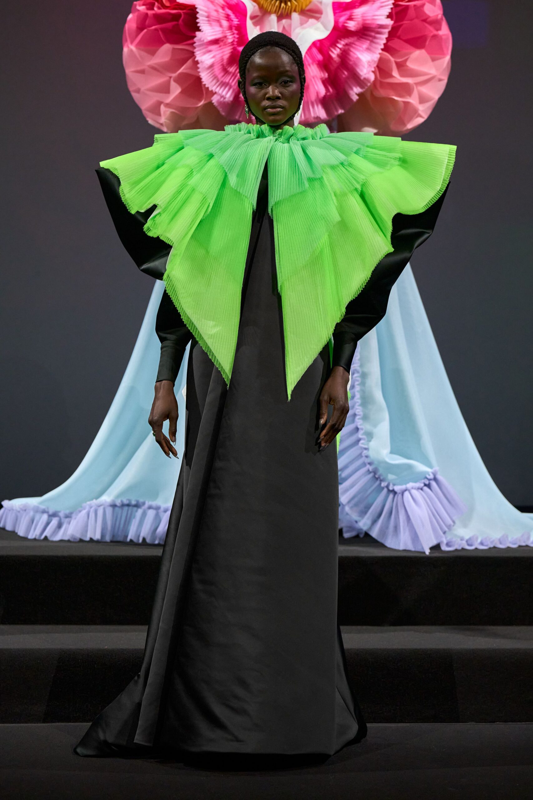 green silk oversized pleated cape