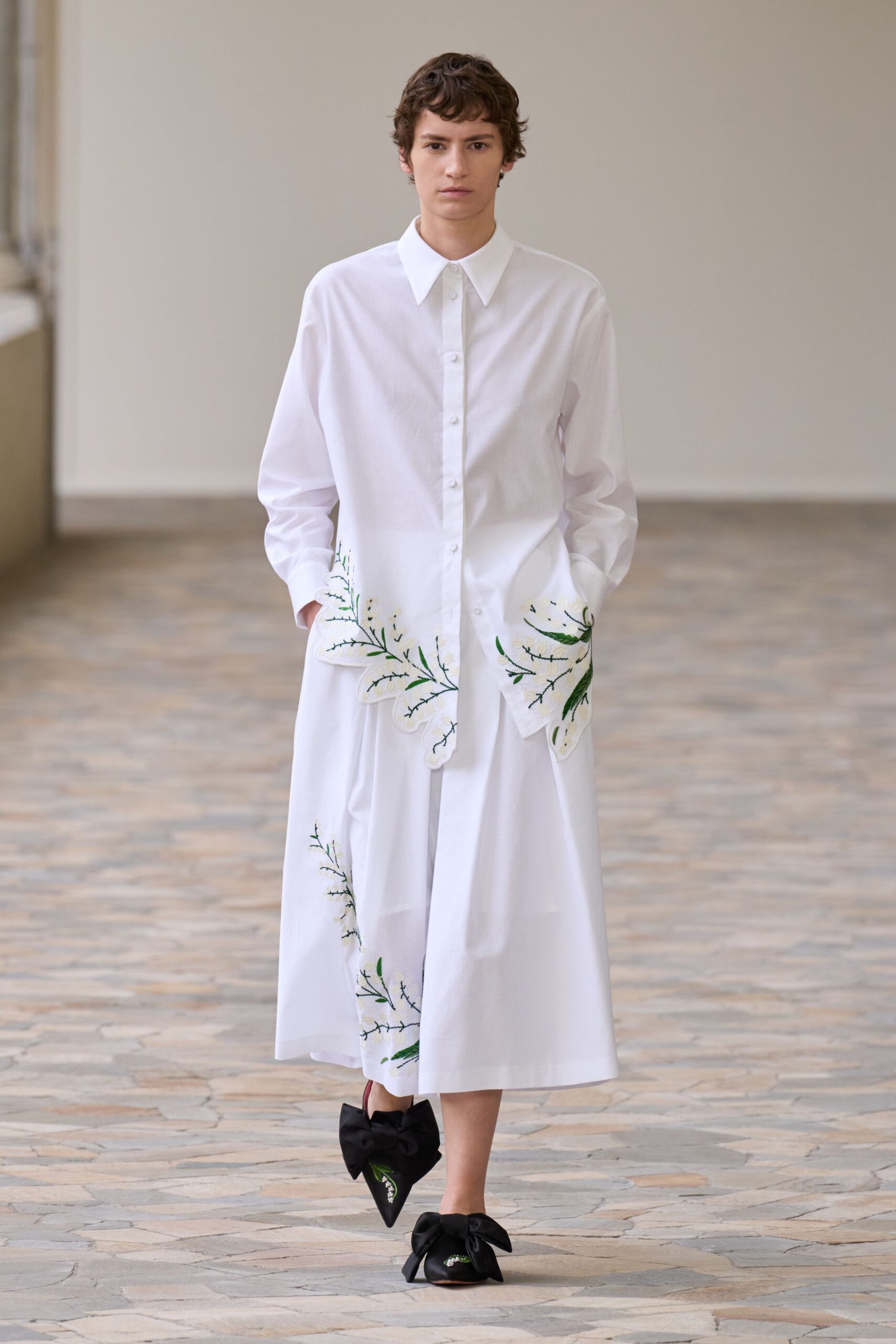 white cotton long-sleeve collared relaxed embroidered midi shirt-dress