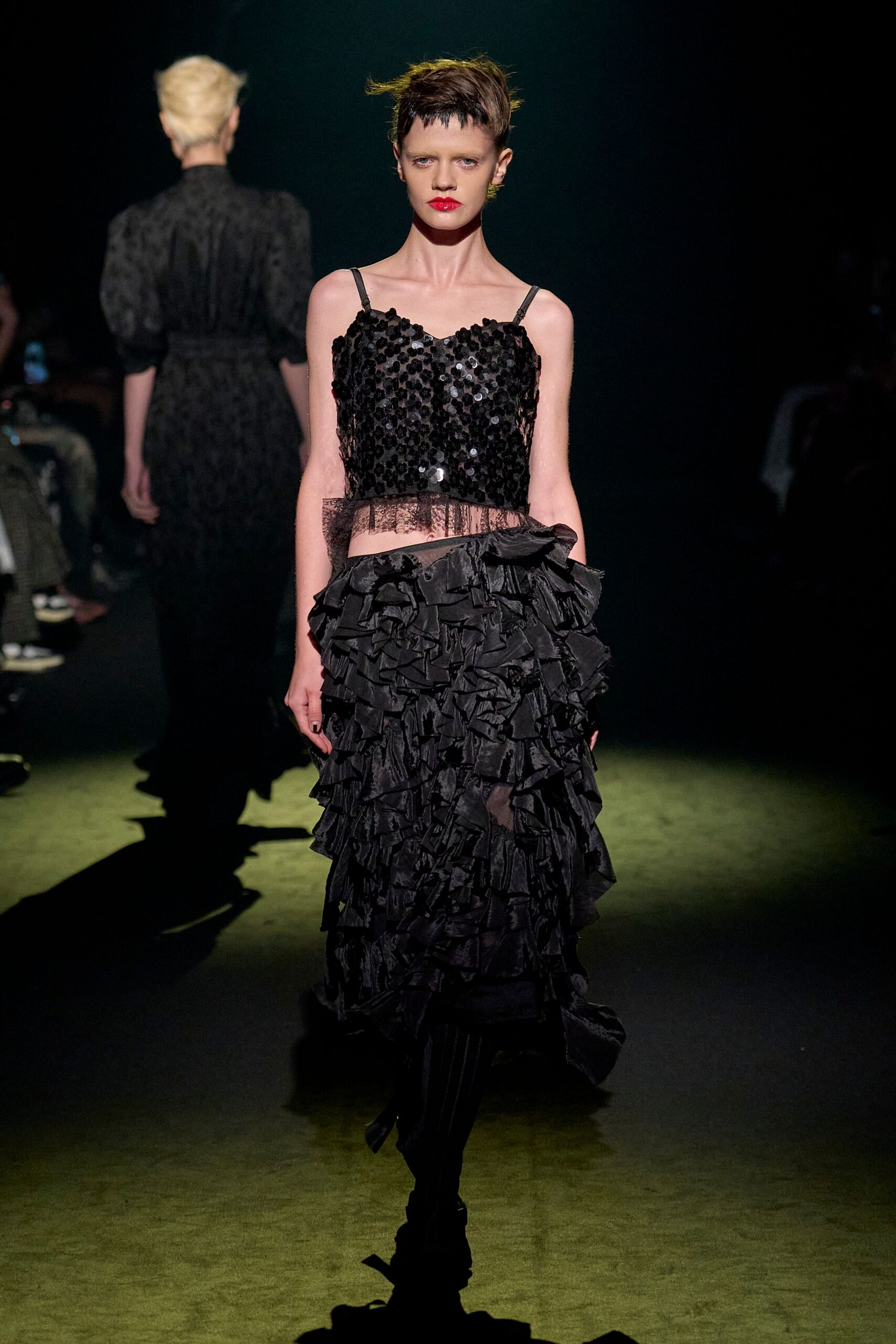 black ruffled midi dress