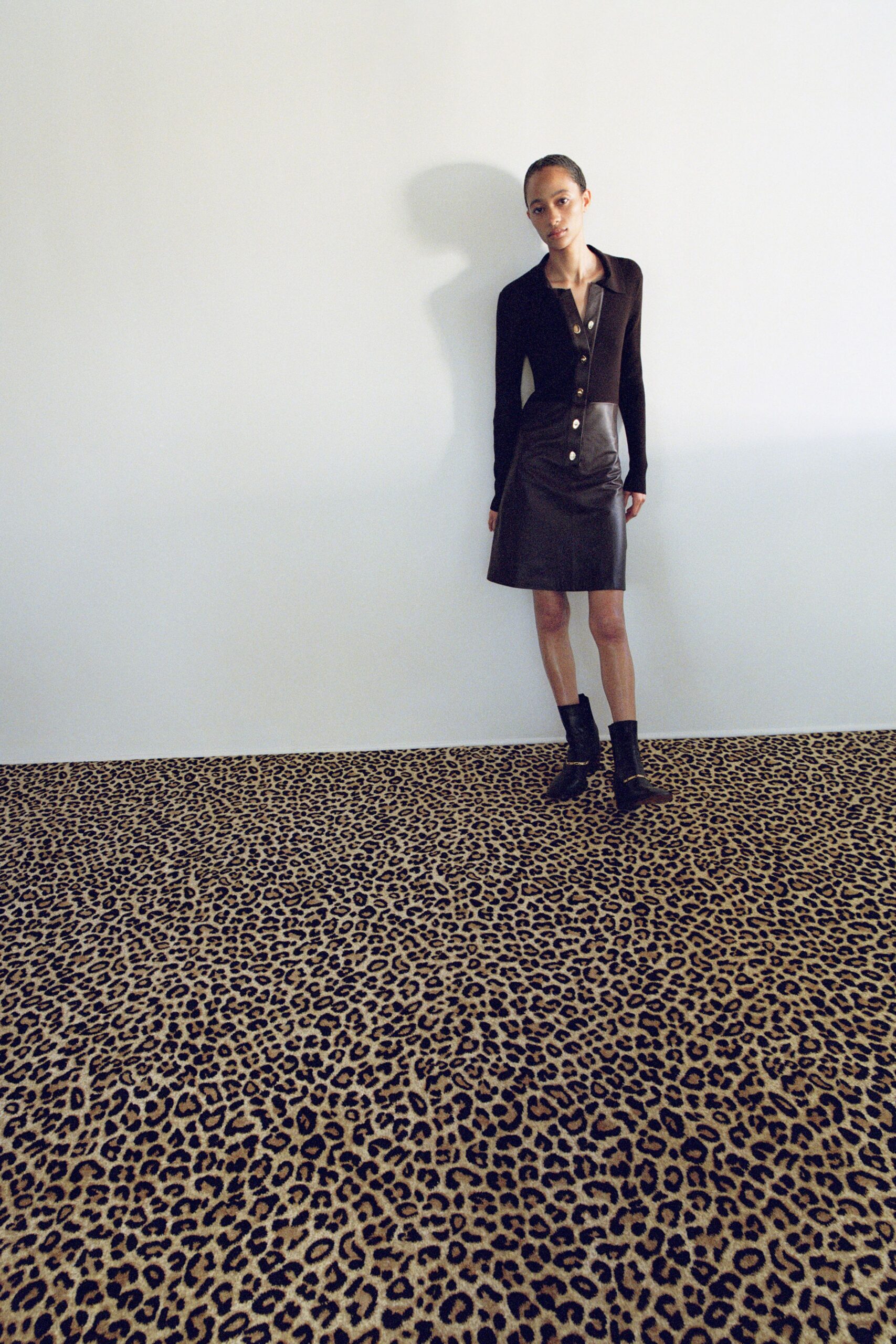 black leather long-sleeve collared fitted buttoned pencil dress