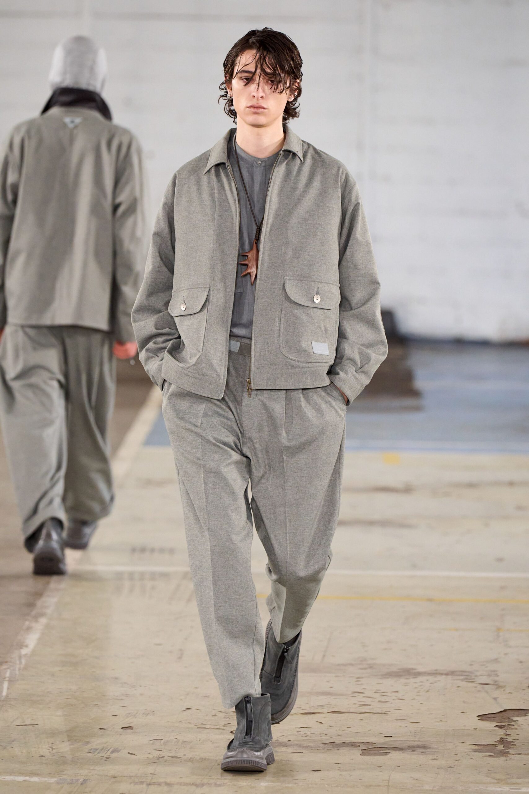 gray relaxed jacket and pants