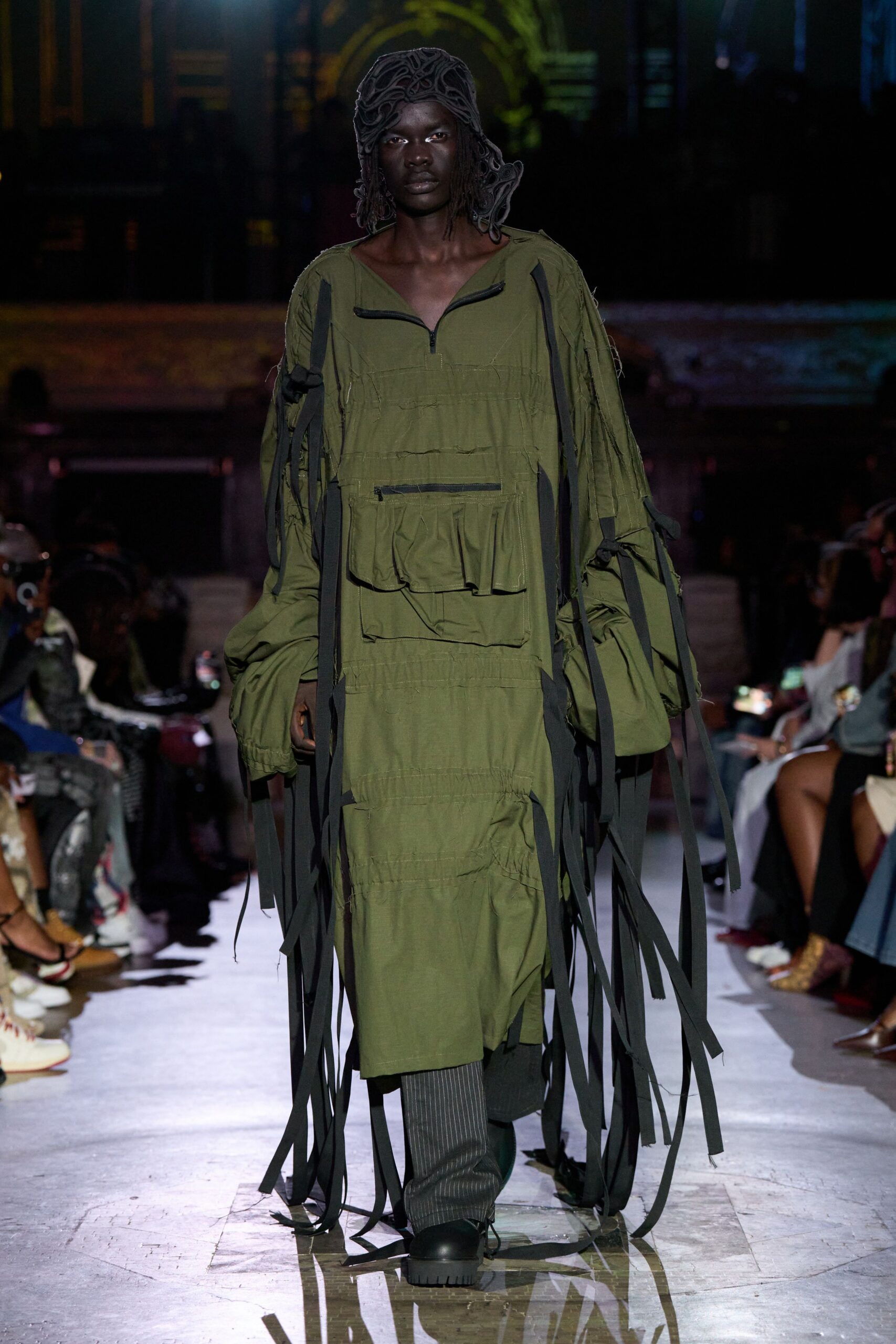green cotton long-sleeve collared relaxed pleated layered dress