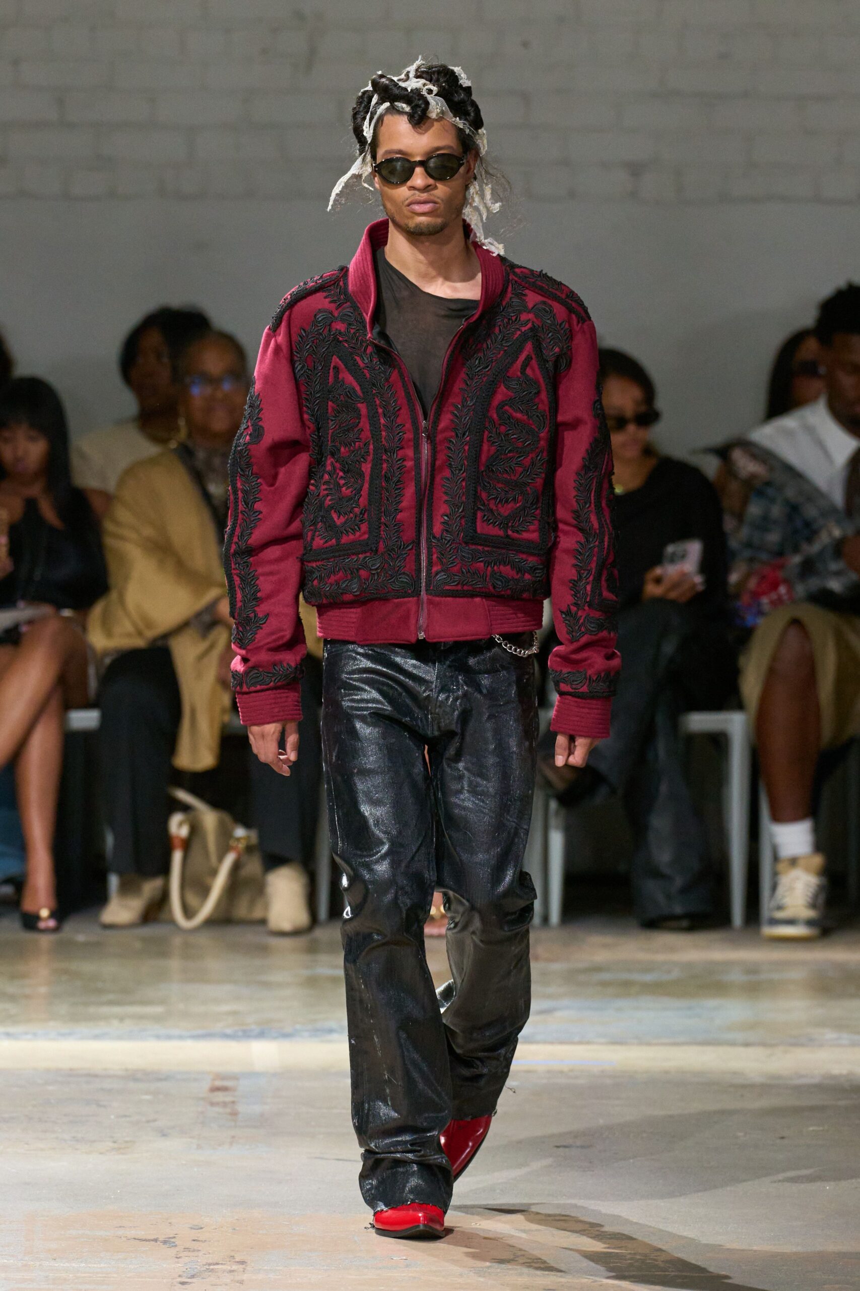red cotton long-sleeve collared fitted embroidered jacket