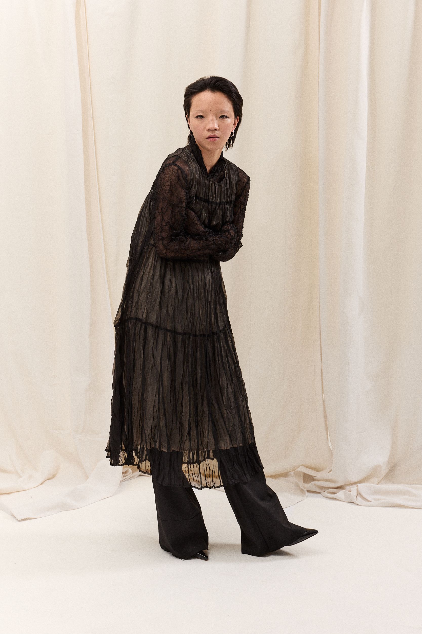 black silk layered midi dress with boots