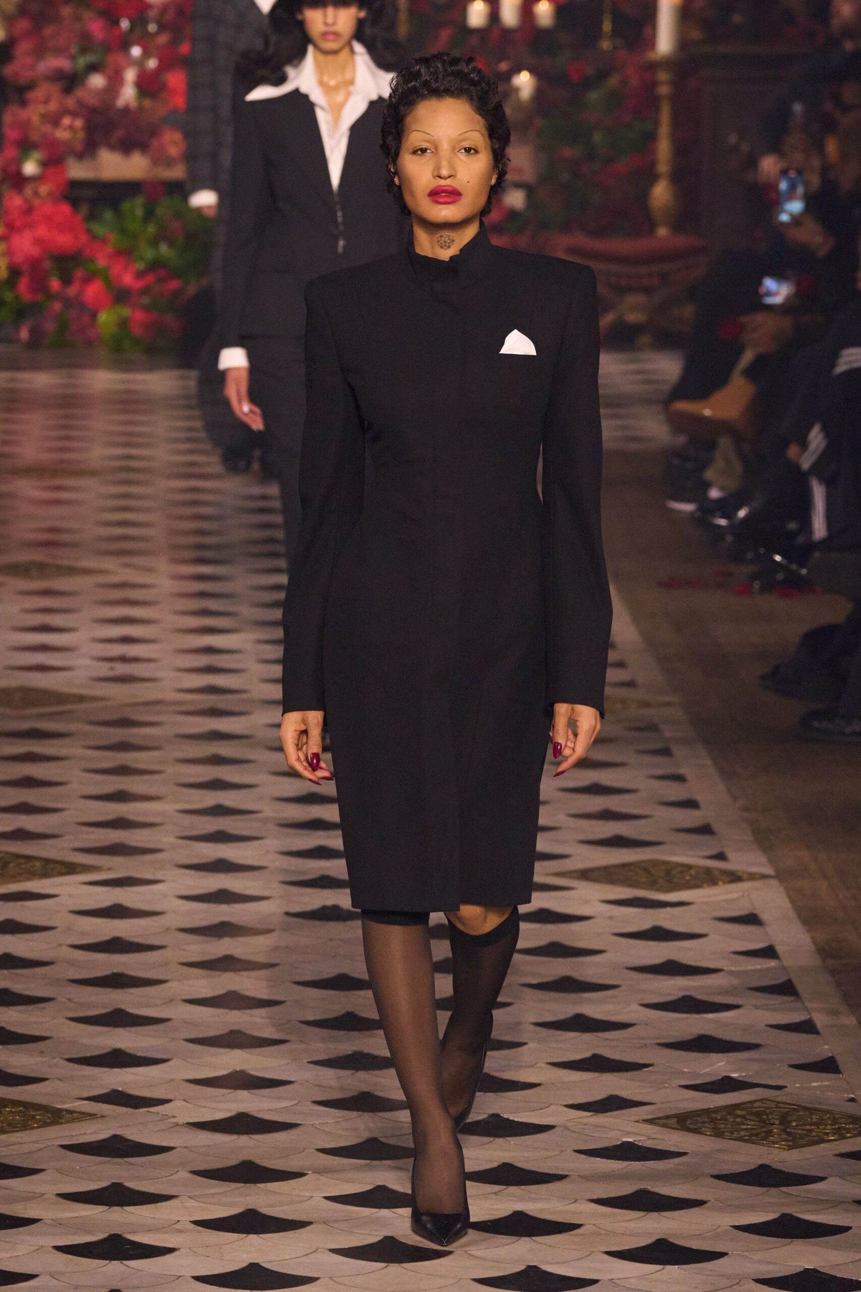 black wool long-sleeve collared fitted buttoned midi dress