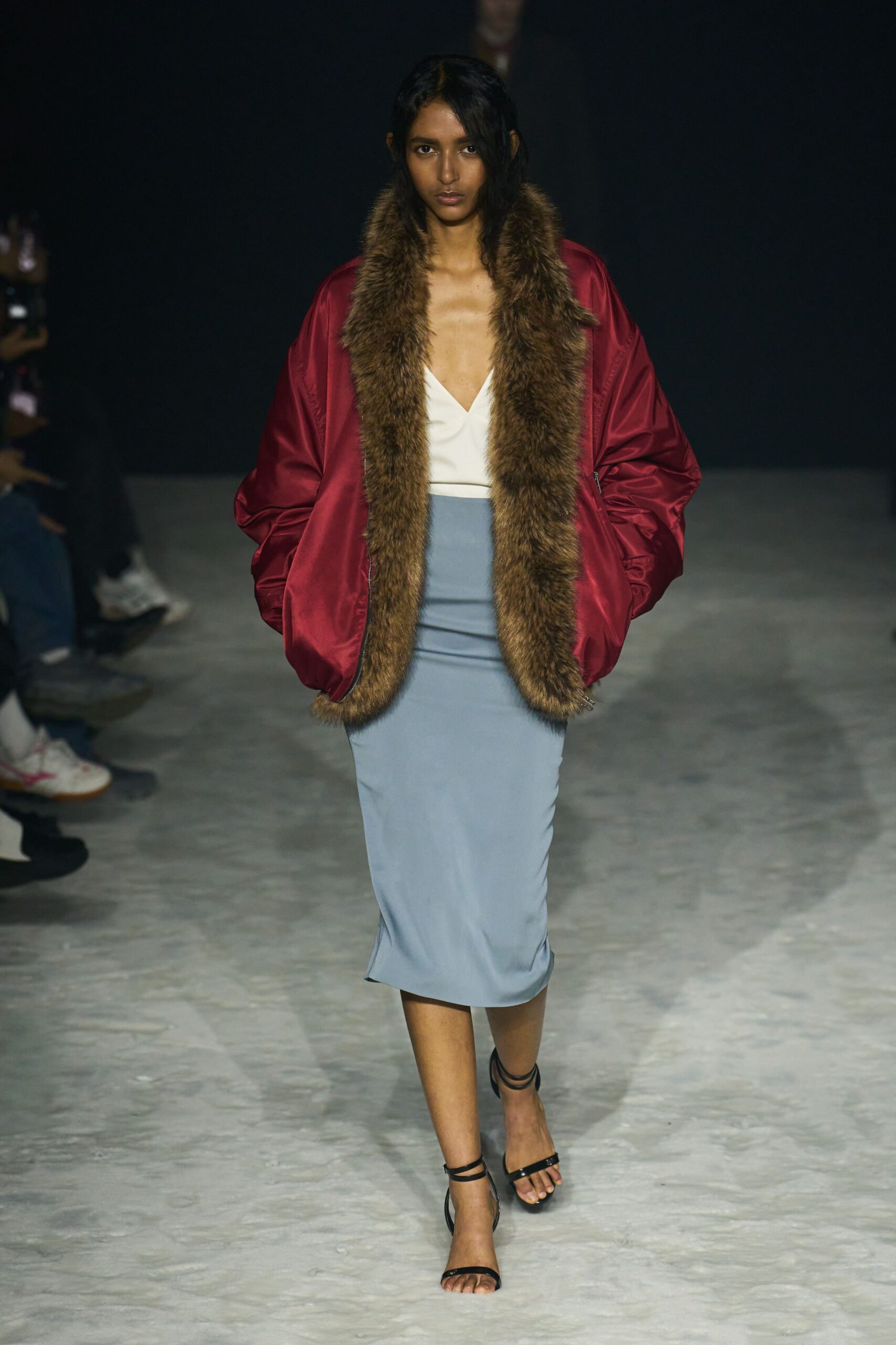 red jacket white top blue skirt