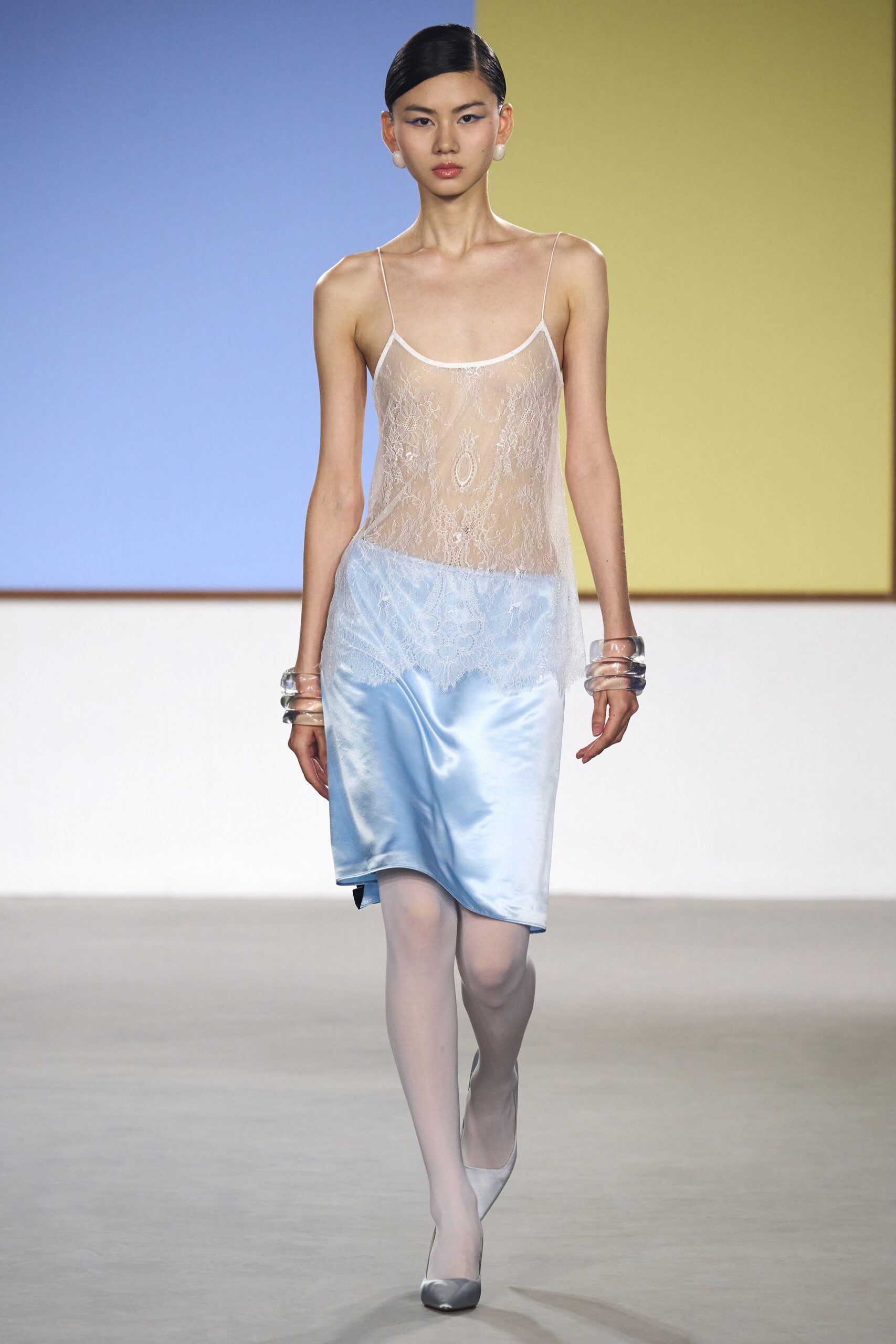 blue silk sleeveless v-neck fitted layered sheer dress