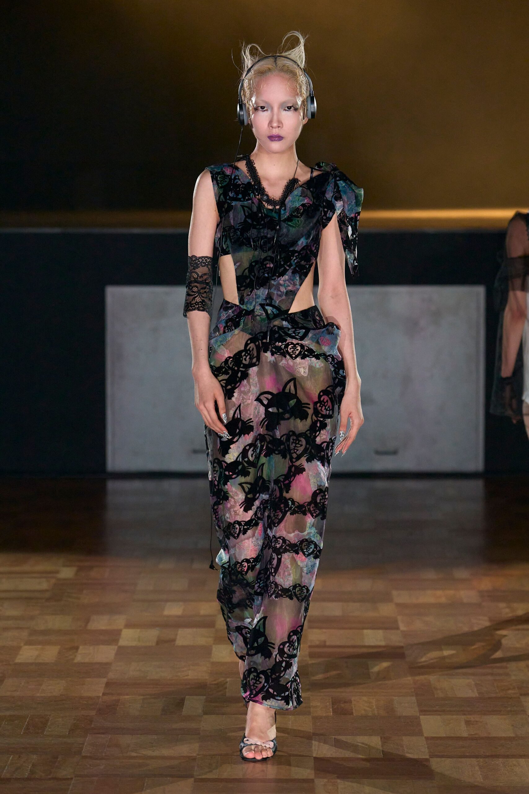 black lace sleeveless v-neck fitted layered flared dress