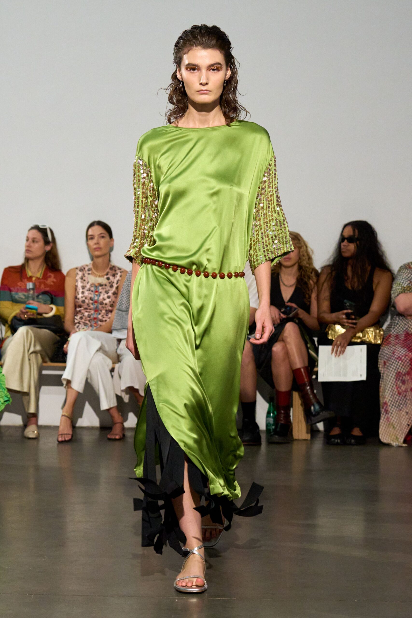 green silk short-sleeve v-neck relaxed pleated embellished dress