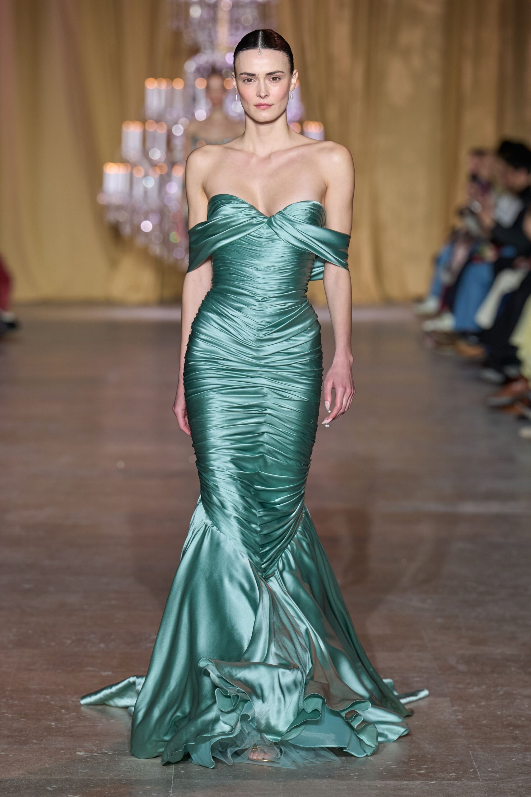 fitted green silk gown
