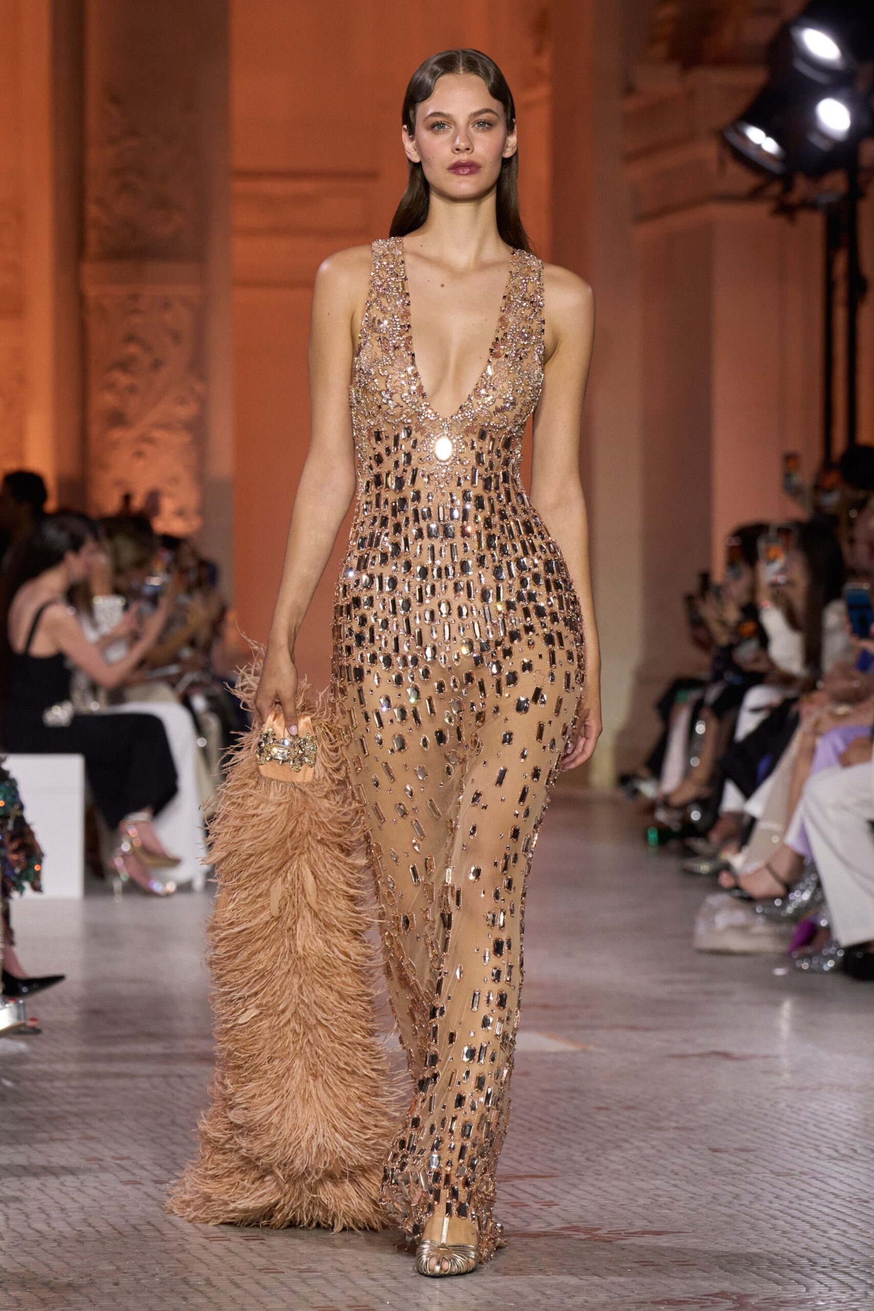 beige silk sleeveless v-neck fitted sequined shiny gown