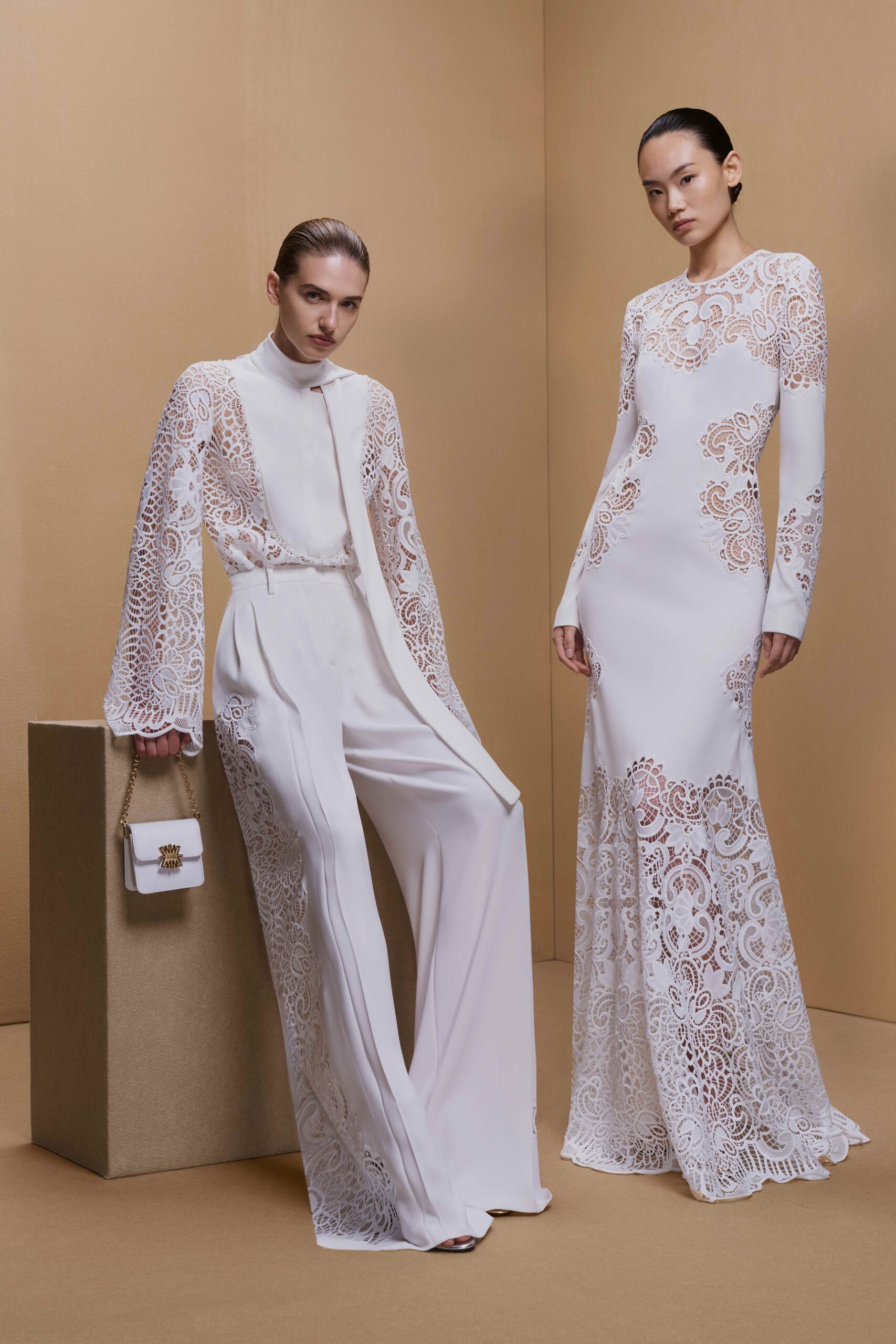 white lace jumpsuit and gown