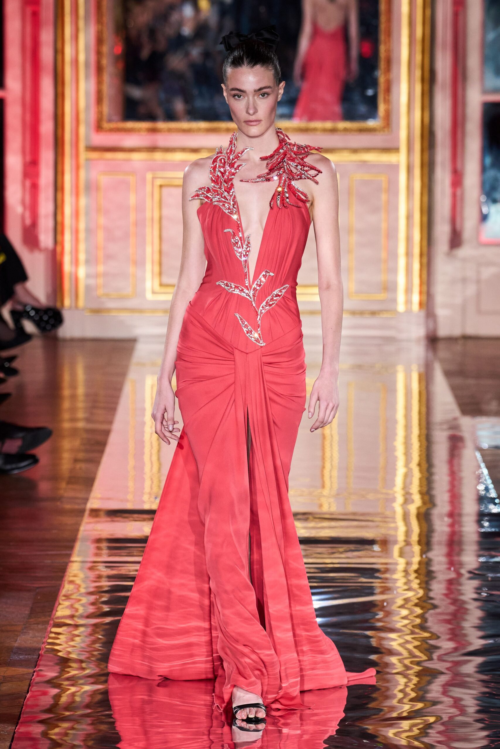 red silk sleeveless gown
