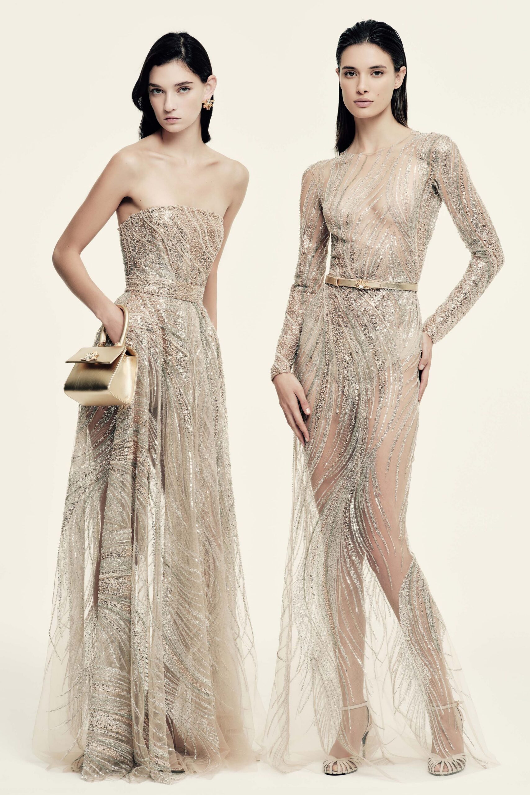 gold silk strapless fitted embroidered layered sheer gown