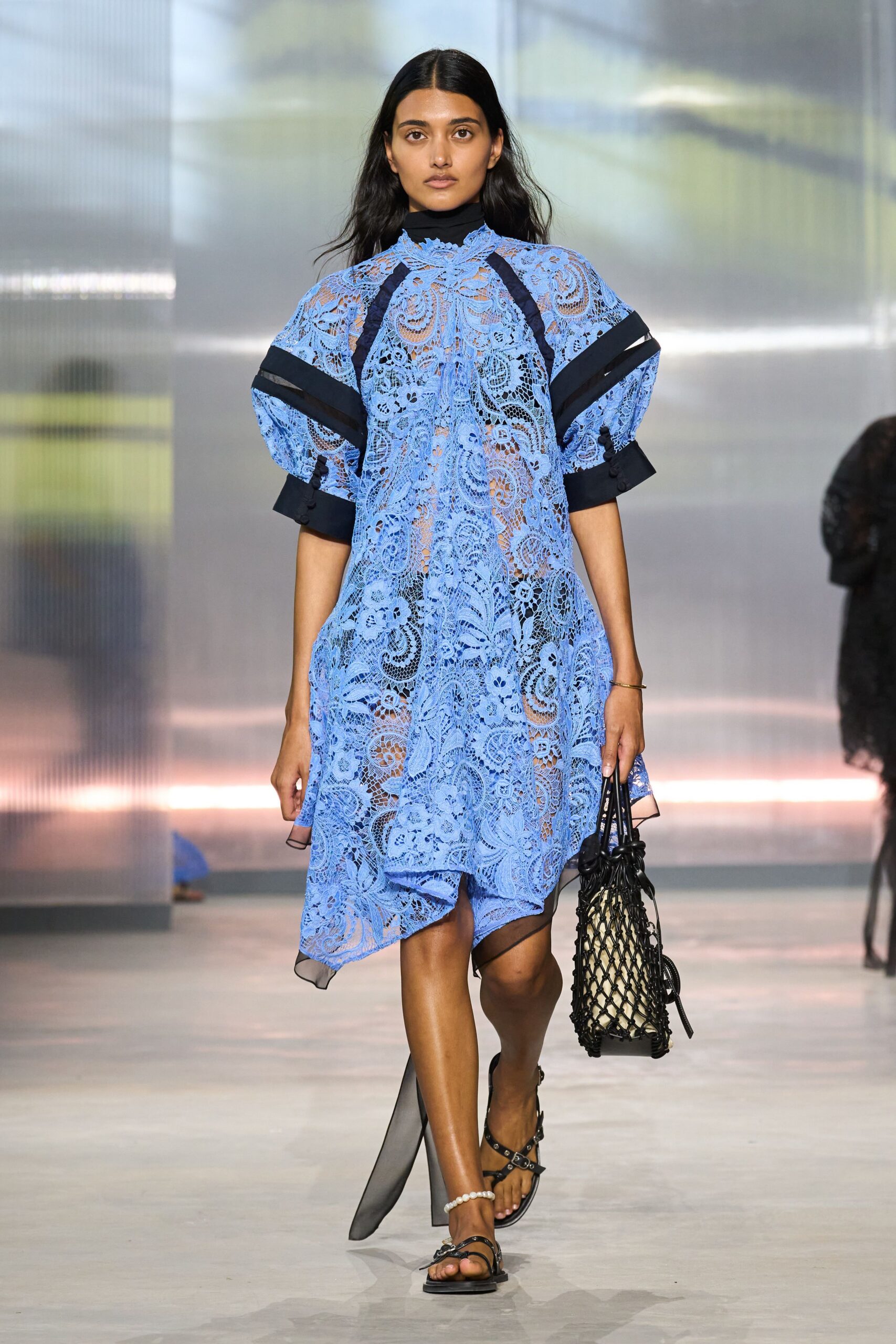 blue lace short-sleeve high-neck relaxed pleated draped dress