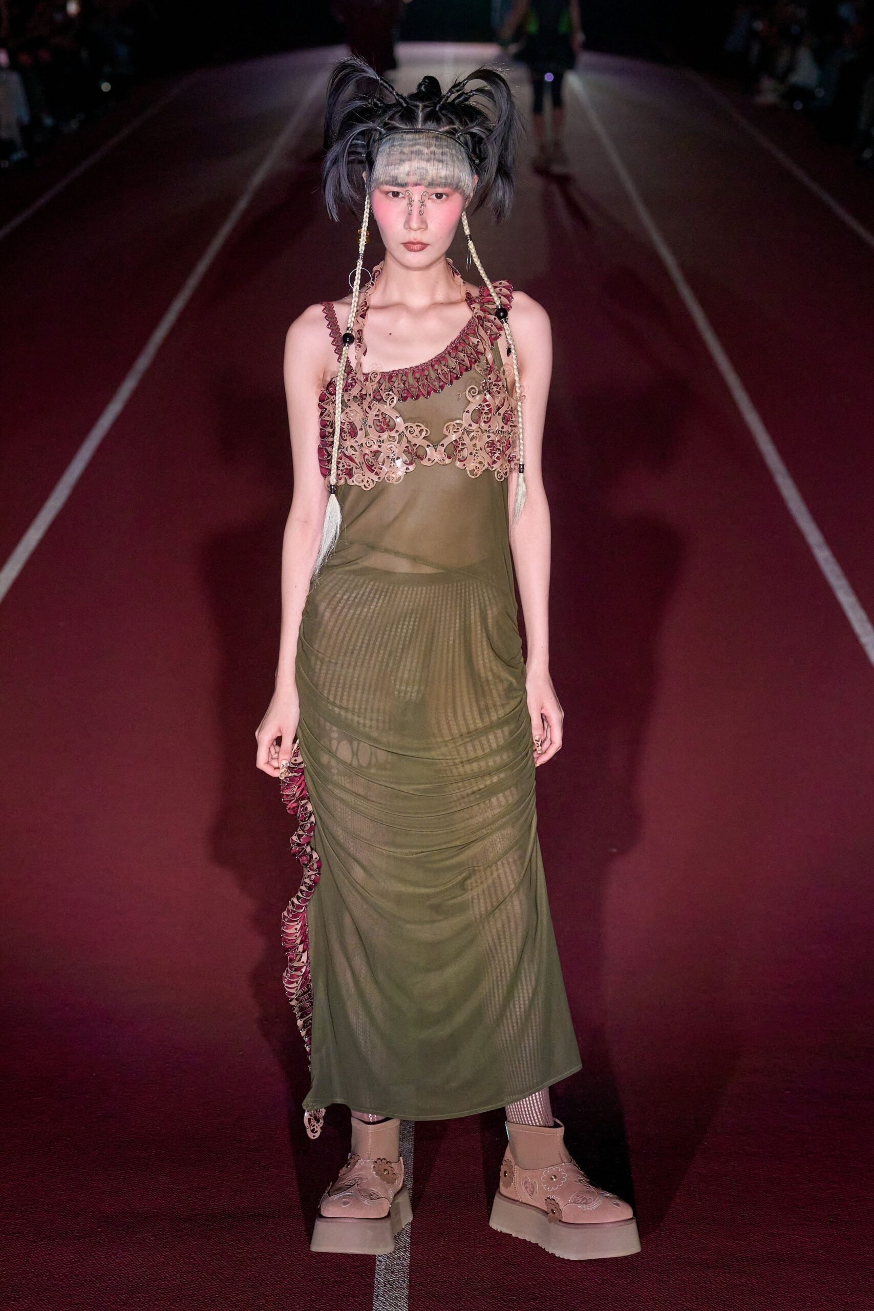 green silk sleeveless v-neck fitted pleated embroidered dress