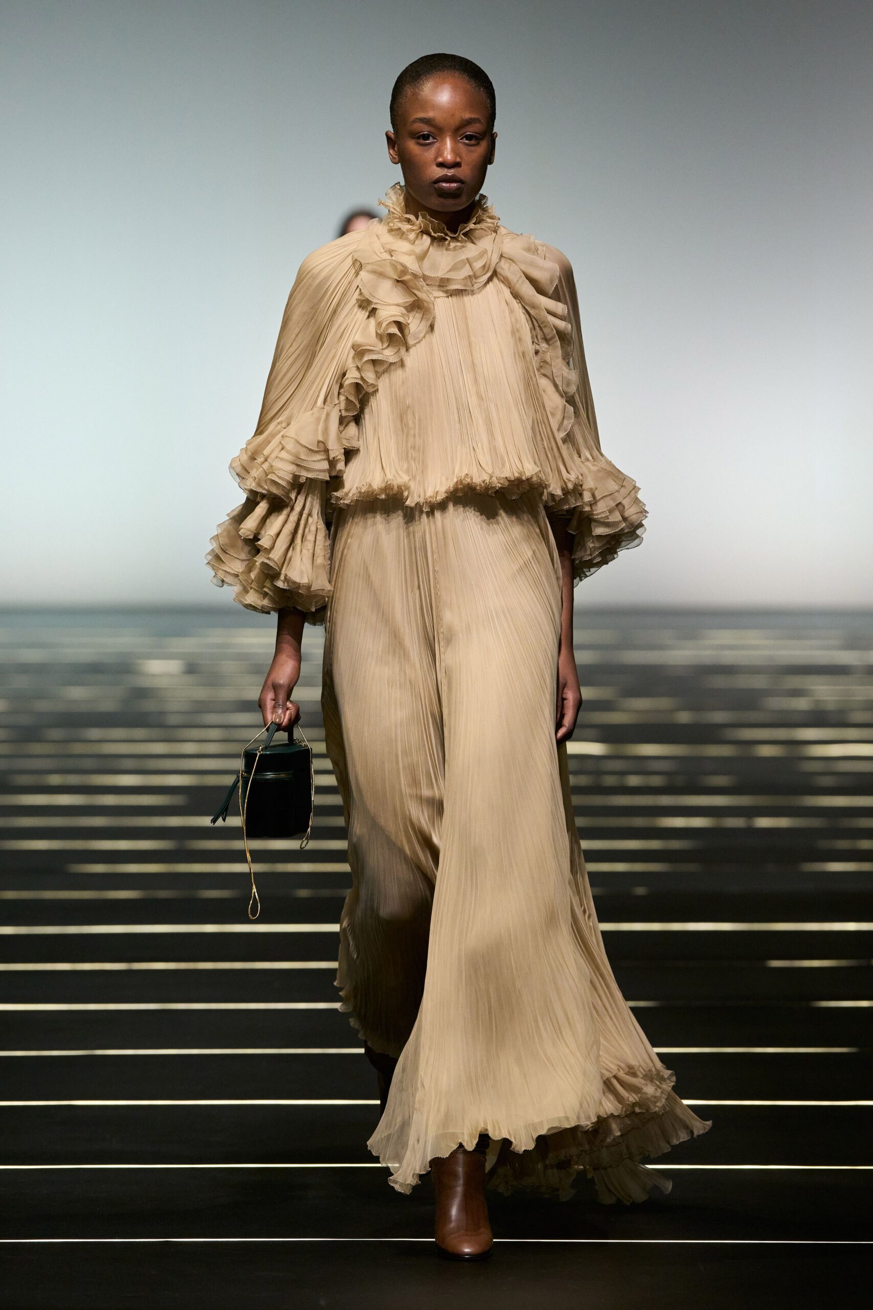 beige silk long-sleeve high-neck fitted pleated ruffled dress