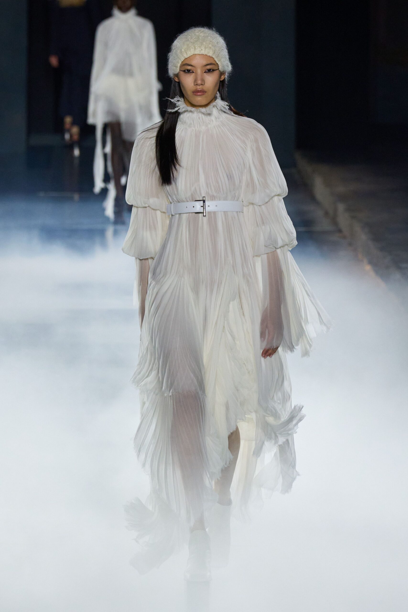 white silk long-sleeve collared fitted pleated belted dress
