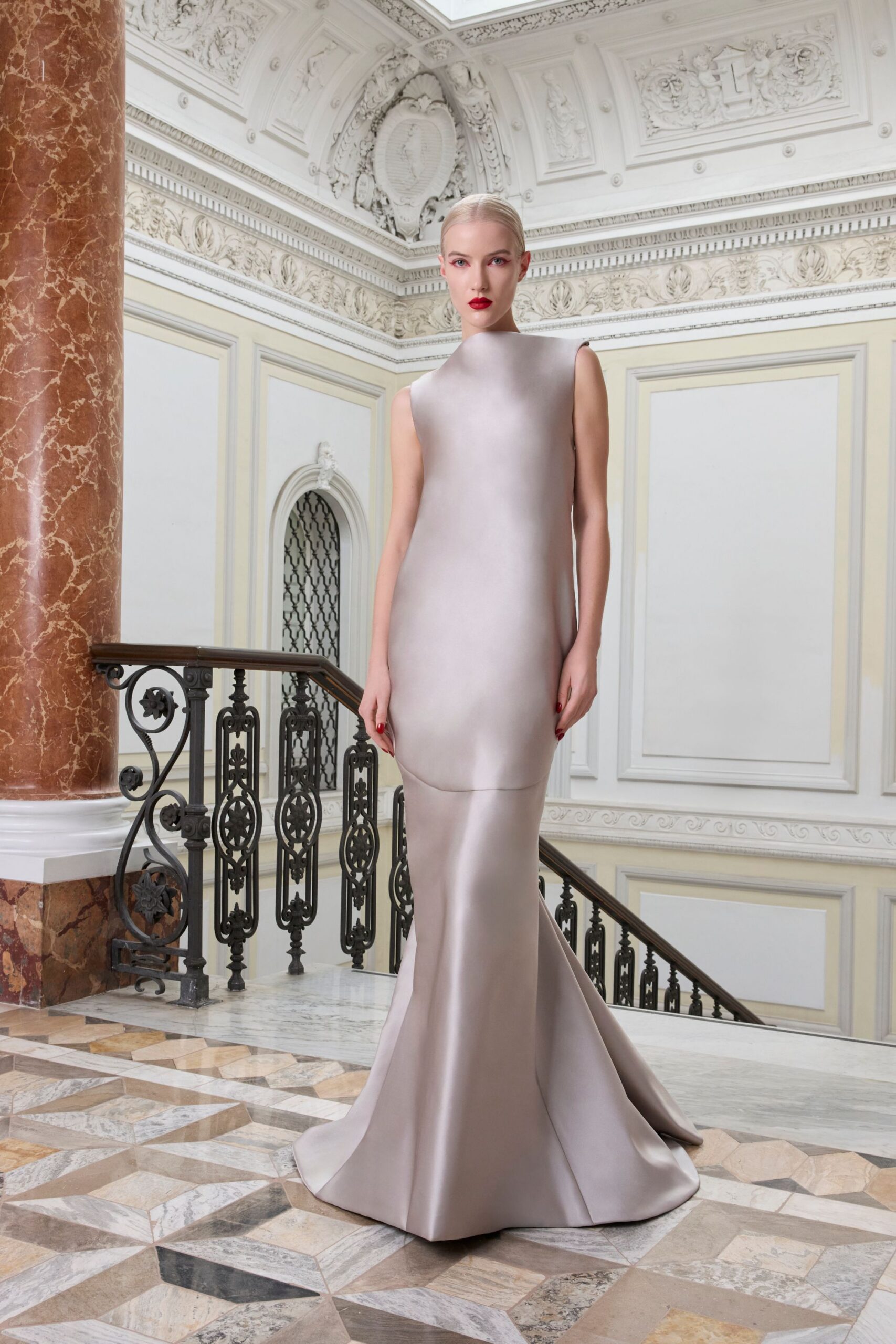 gray silk sleeveless gown