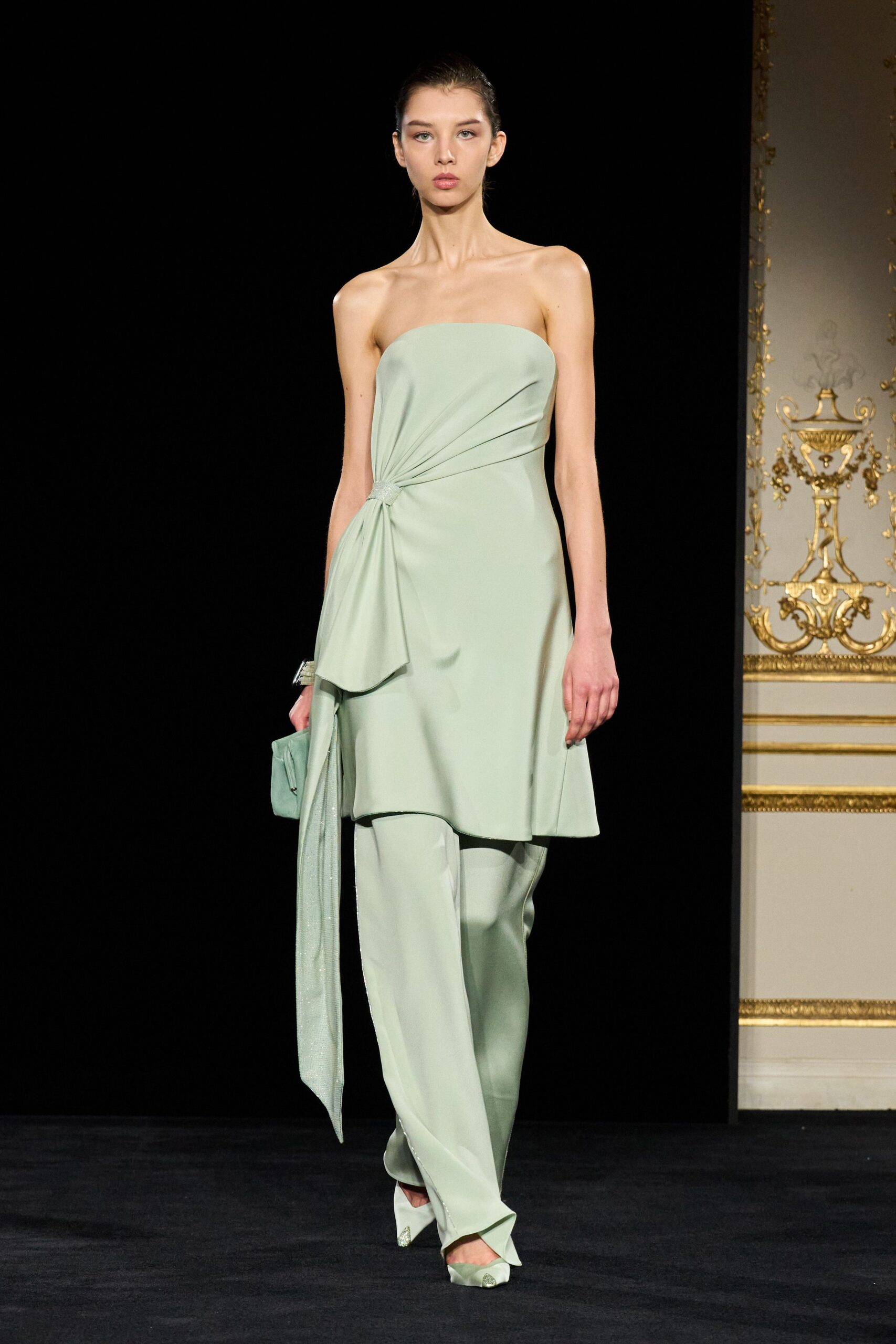 green silk strapless fitted draped top