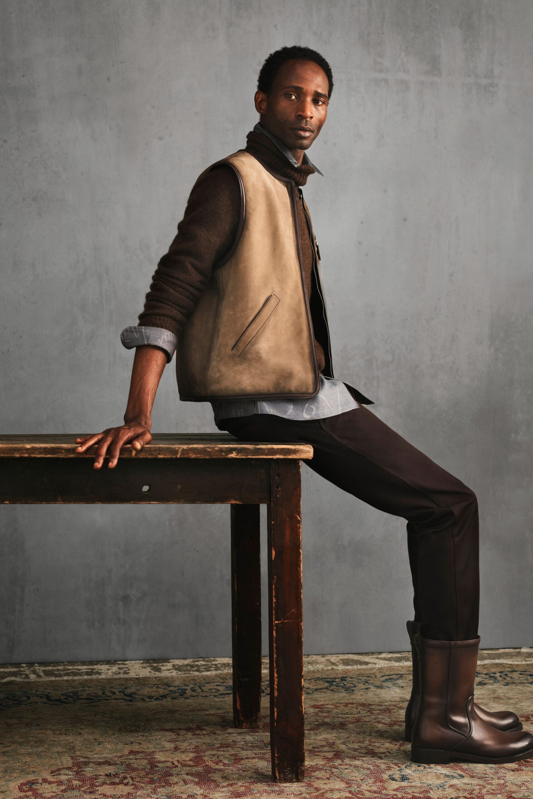 beige leather long-sleeve fitted vest