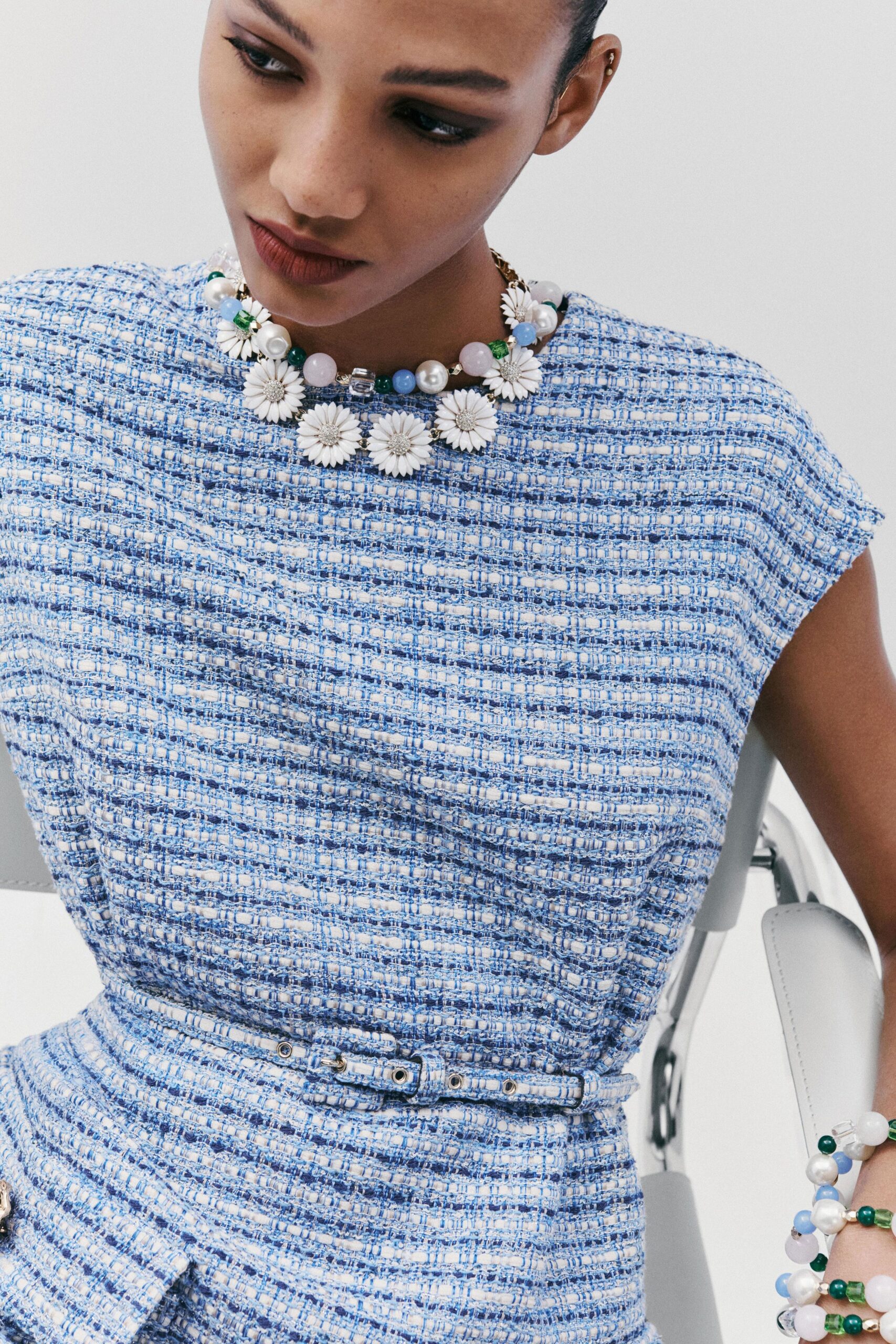blue and white tweed top