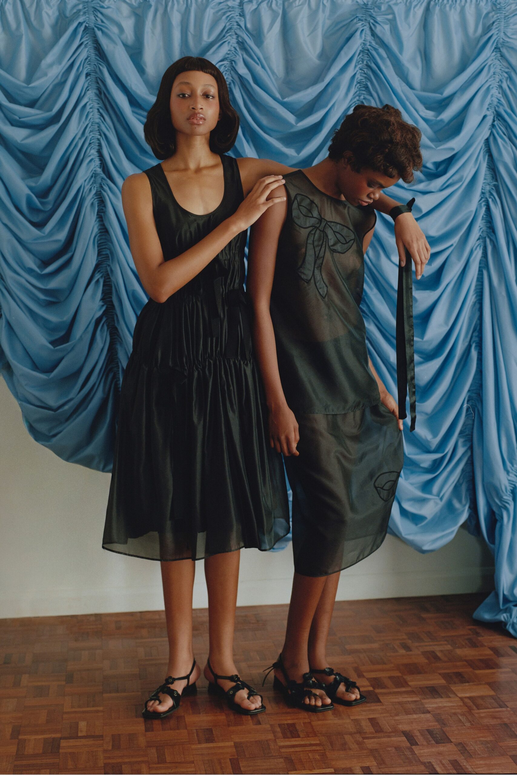 black silk sleeveless high-neck fitted embroidered sheer dress