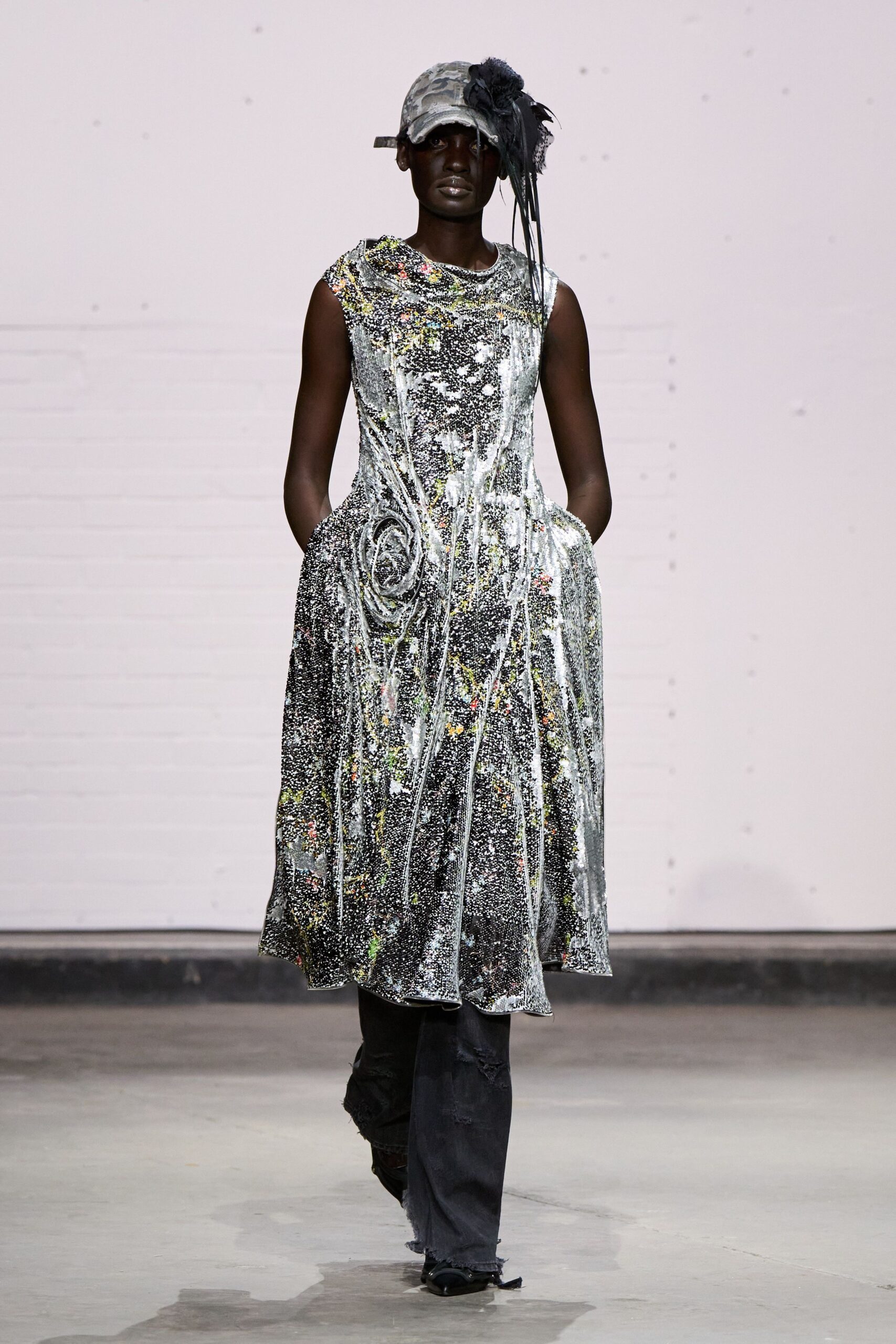 gray sequin sleeveless v-neck relaxed draped flared dress
