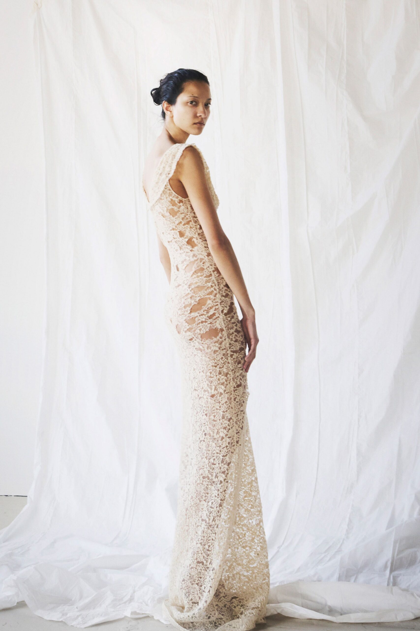 beige lace fitted gown