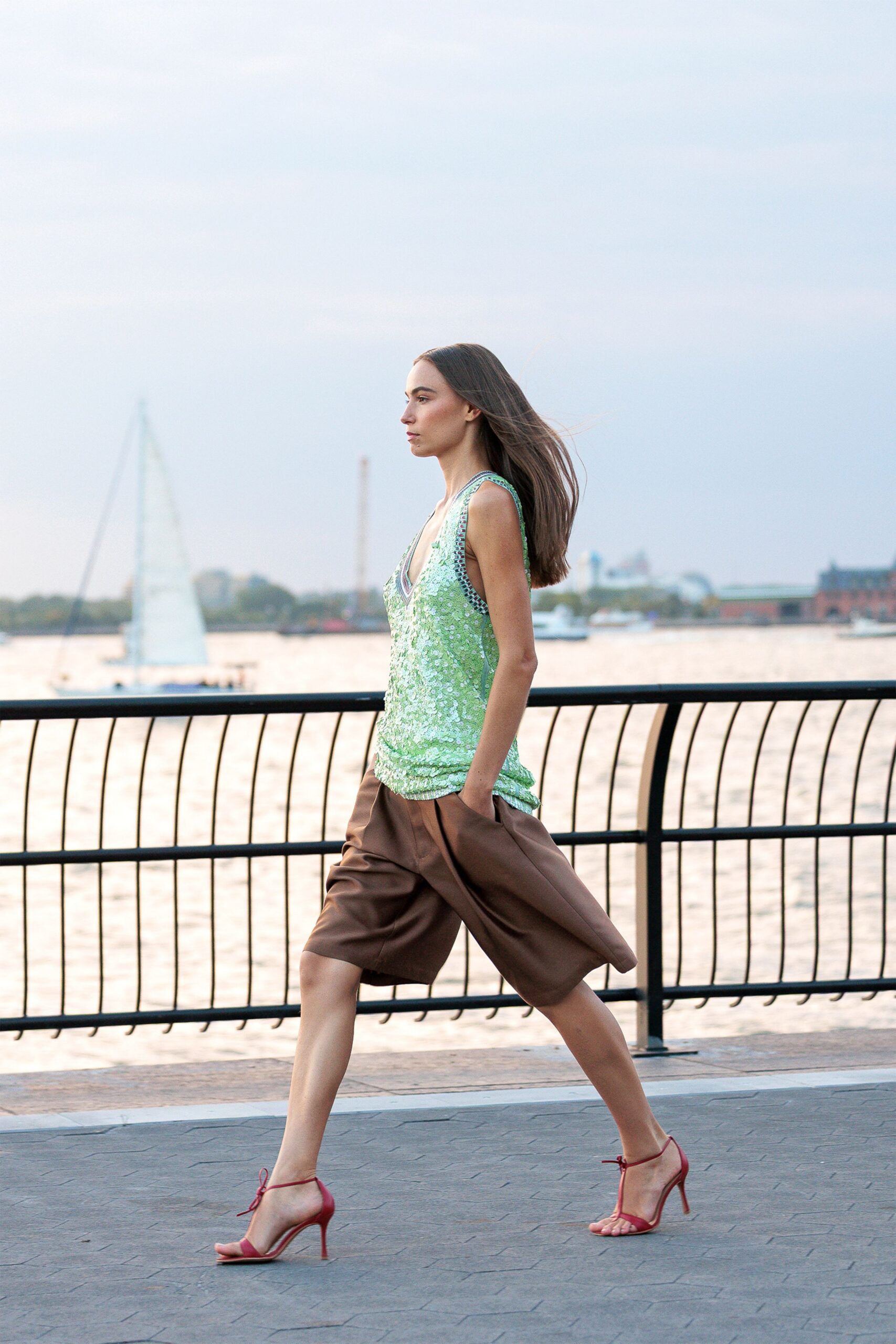 green sequin sleeveless v-neck fitted shiny top