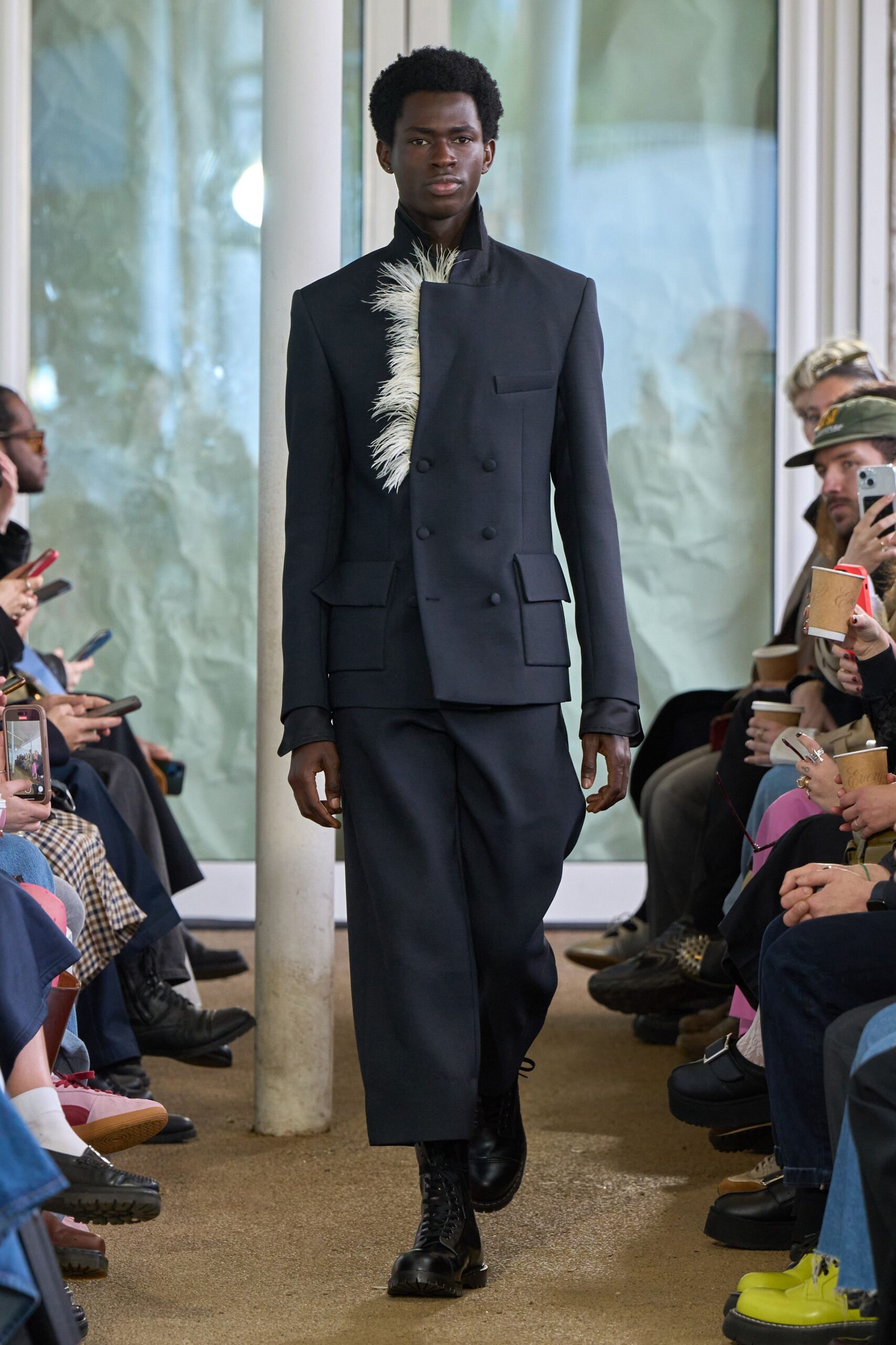 black wool blazer with fringed detail