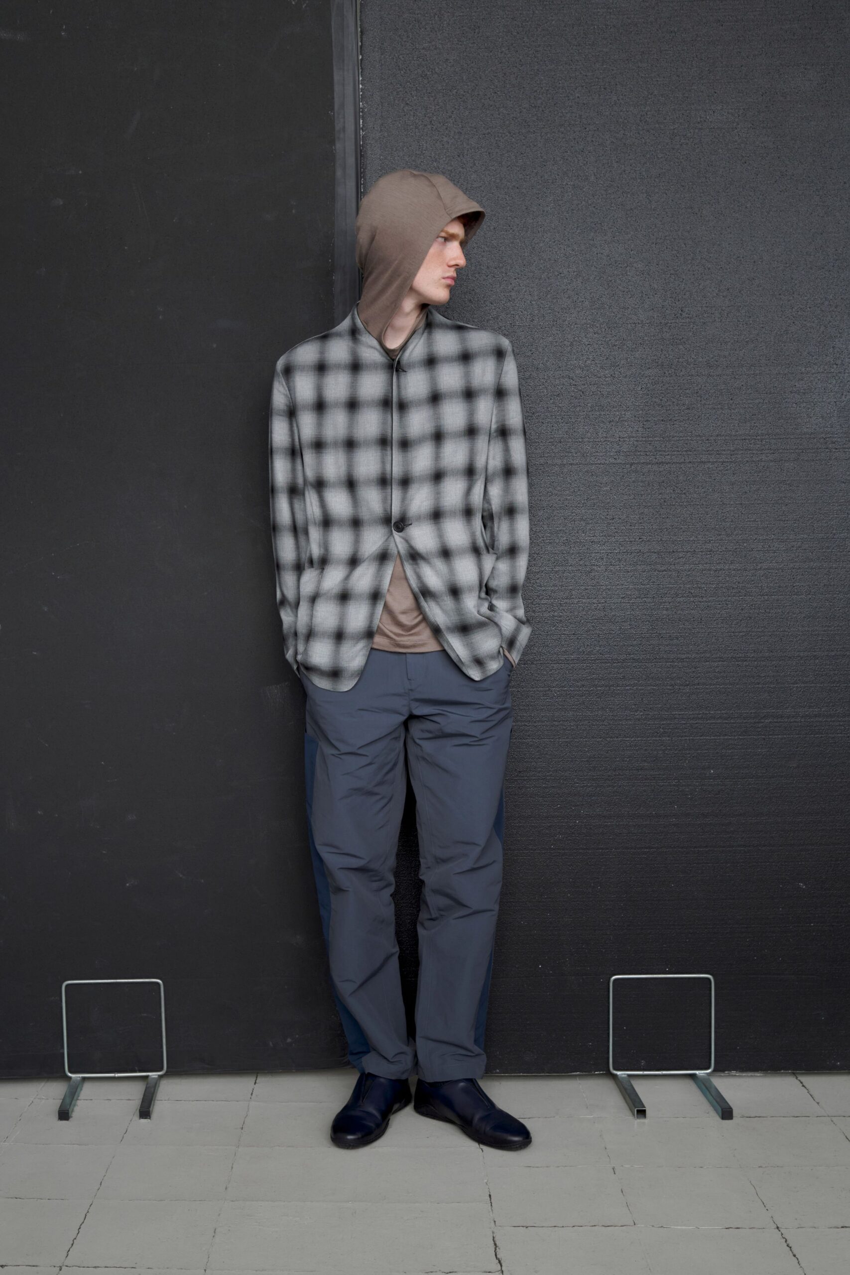 gray checked jacket with hoodie