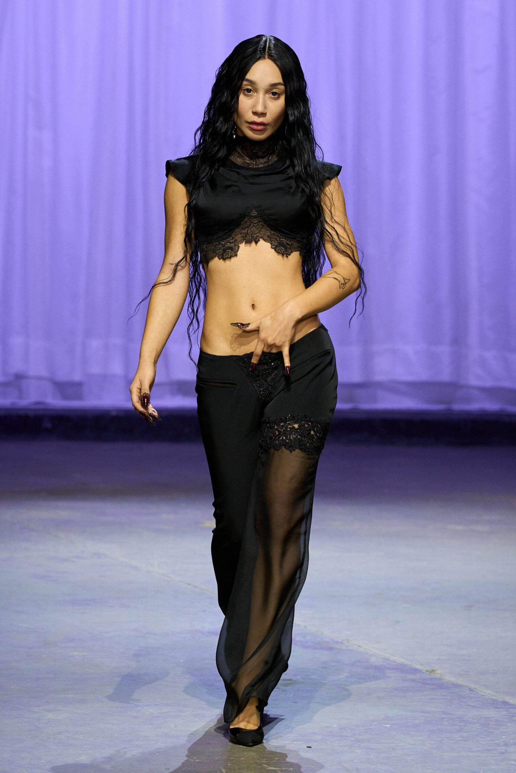 black silk long-sleeve fitted sheer pants
