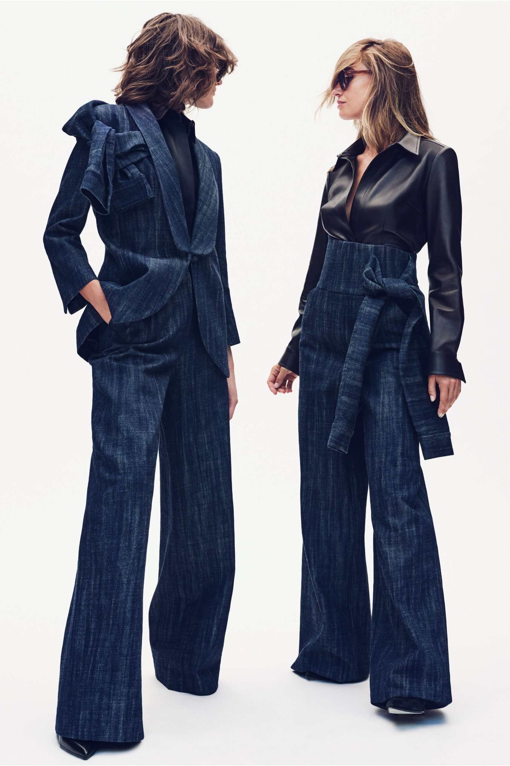blue denim long-sleeve collared tailored pleated blazer